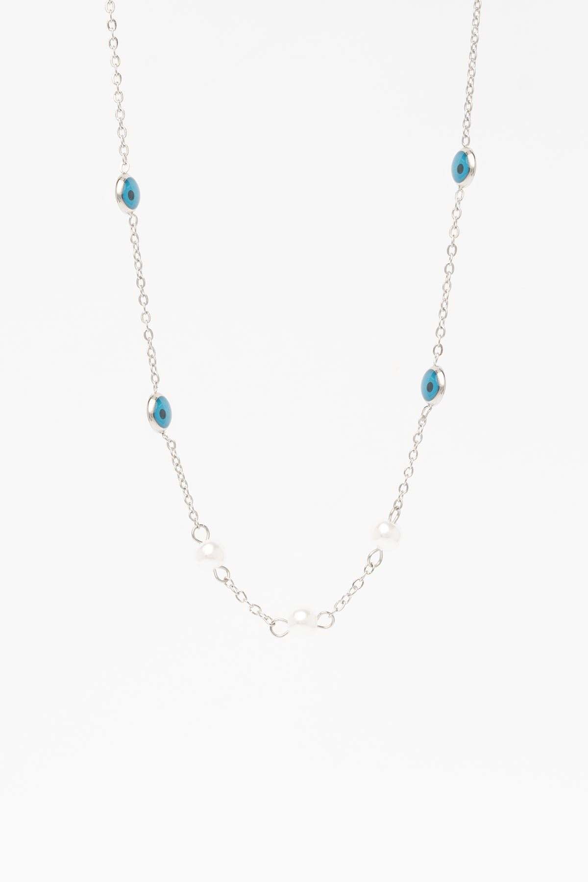 Silver Minimal Zincir Tasarım Nazar Boncuk Ve Üçlü İnci Sıralı 45cm Çelik Kolye AKL4376