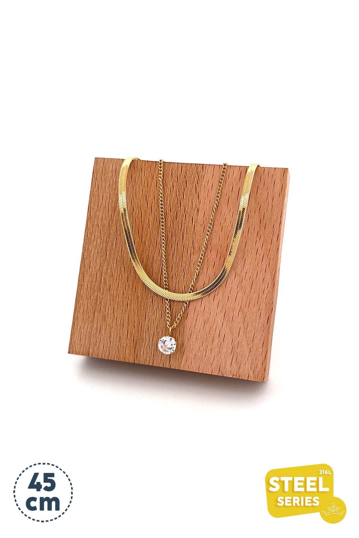 Slim Gold İtalyan Tasarım Çift Zincir Tektaş Detay Çelik Kolye 45 Cm AKL1949