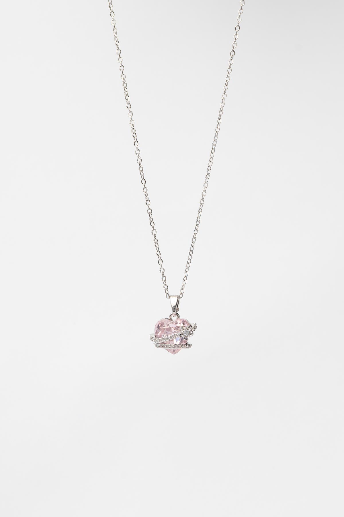Silver Minimal Zincir Zirkon İp Sarılı Pembe Kristal Taş Sallantılı 45cm Çelik Kolye AKL4137