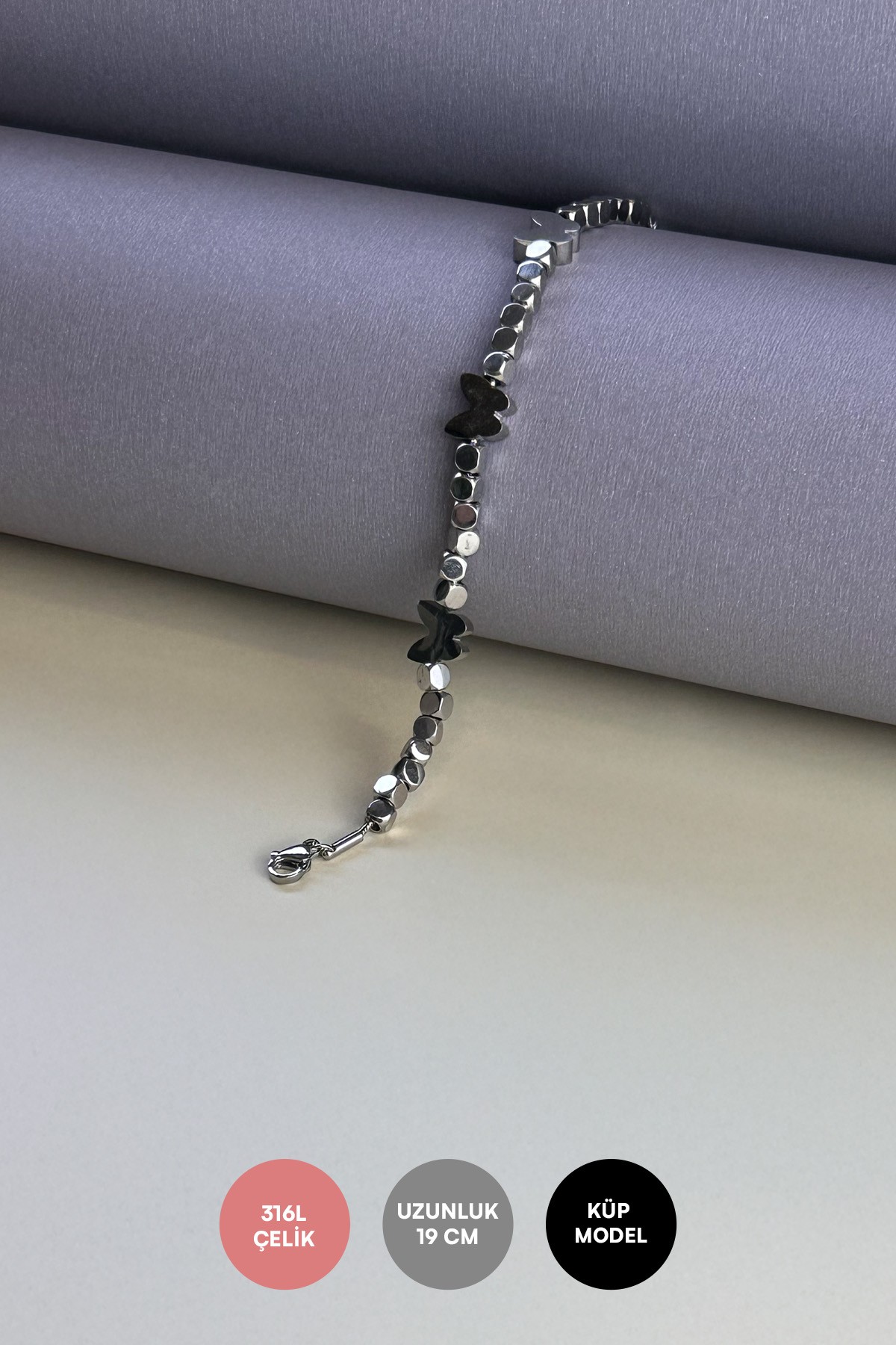 Silver Dolgulu Kelebek Detay Sıra Küpler Çelik Bileklik ABL7214