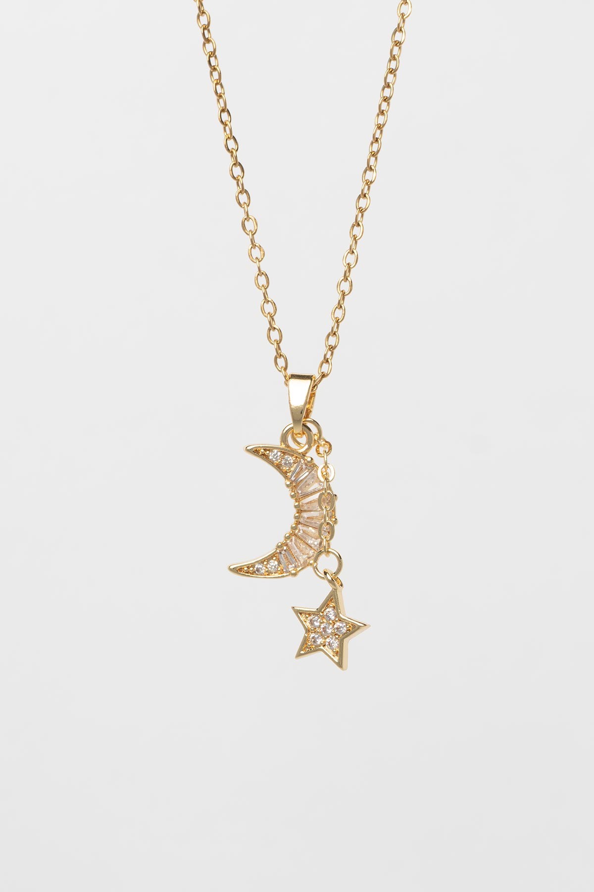 Gold Minimal Zincir Baget Detay Ay Ve Zirkon Detay Yıldız Sallantılı Çelik Kolye 45 cm AKL4068