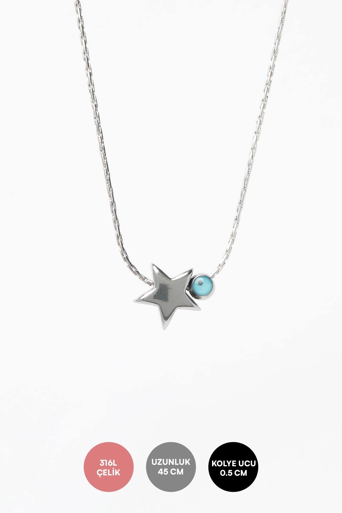 Silver Dolgulu Yıldız Ve Nazarlık Sallantılı 45cm Çelik Kolye AKL4190