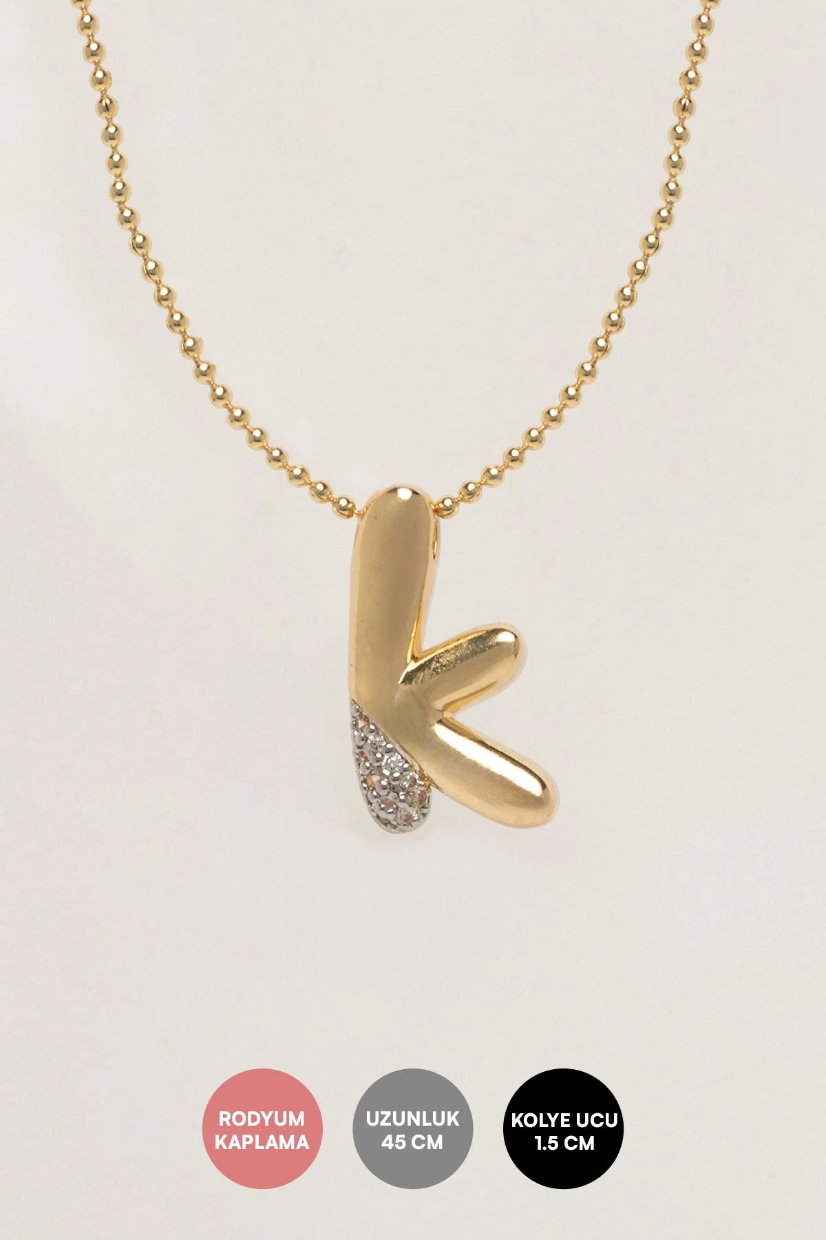 Gold Minimal Topçuk Zincir Zirkon Detay K Harf 45cm Luxury Kolye AKL4440
