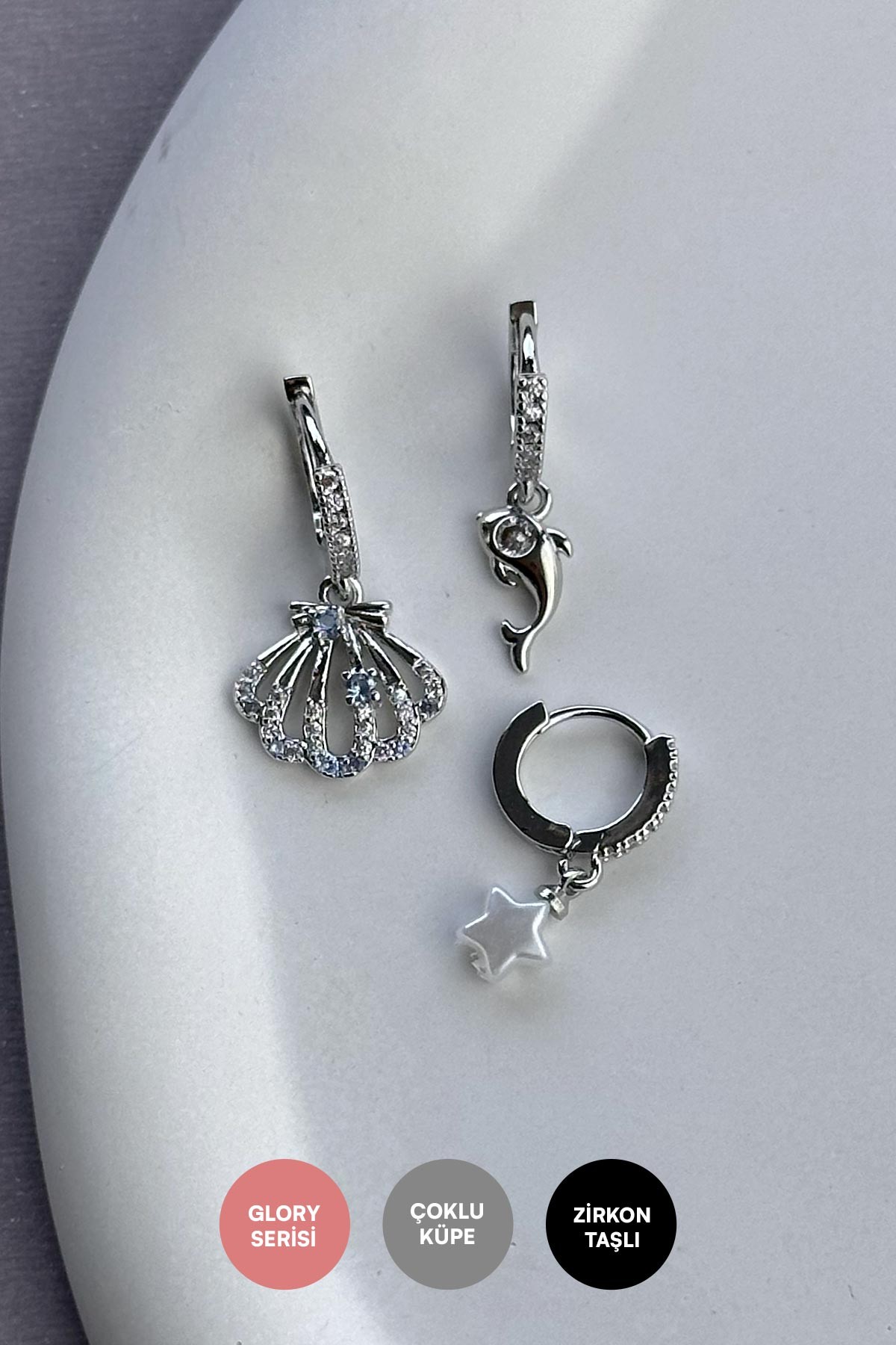 Silver Zirkon Detay Deniz Kabuğu Yunus Ve Beyaz Yıldız Sallantılı Çoklu Glory Küpe AKE9188
