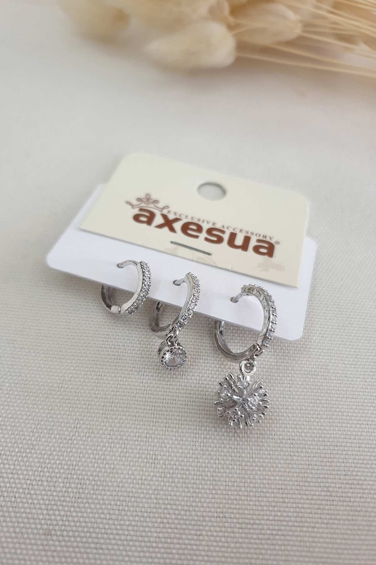 Silver Yuvarlak Taşlı Çoklu Küpe Seti AKE2993