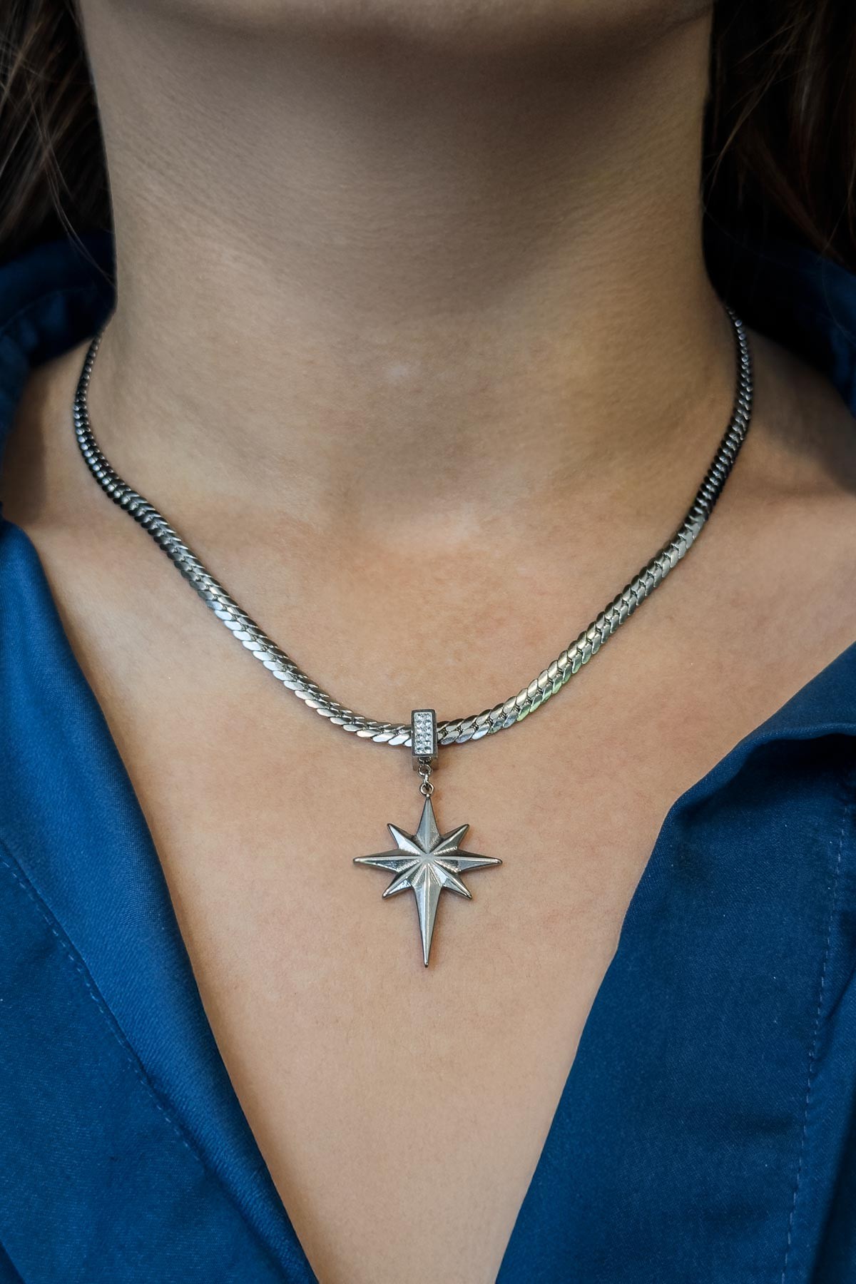Silver Kuzey Yıldızı Detay Örgü Tasarım Zincir 45cm Çelik Kolye AKL3822