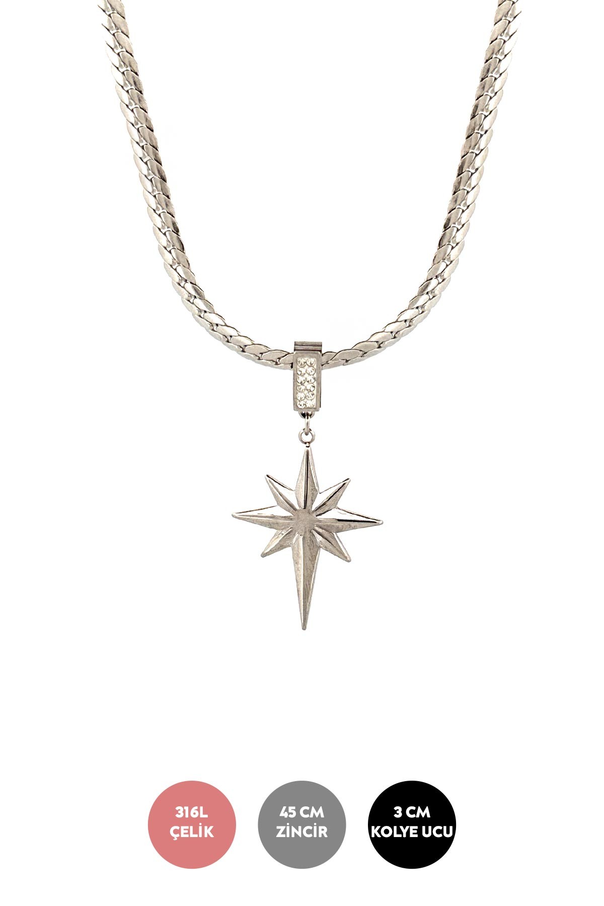 Silver Kuzey Yıldızı Detay Örgü Tasarım Zincir 45cm Çelik Kolye AKL3822