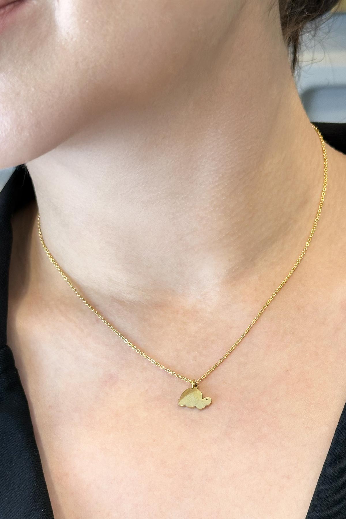 Gold Minimal Zincir Kaplumbağa Sallantılı Çelik Kolye 45 cm AKL3768