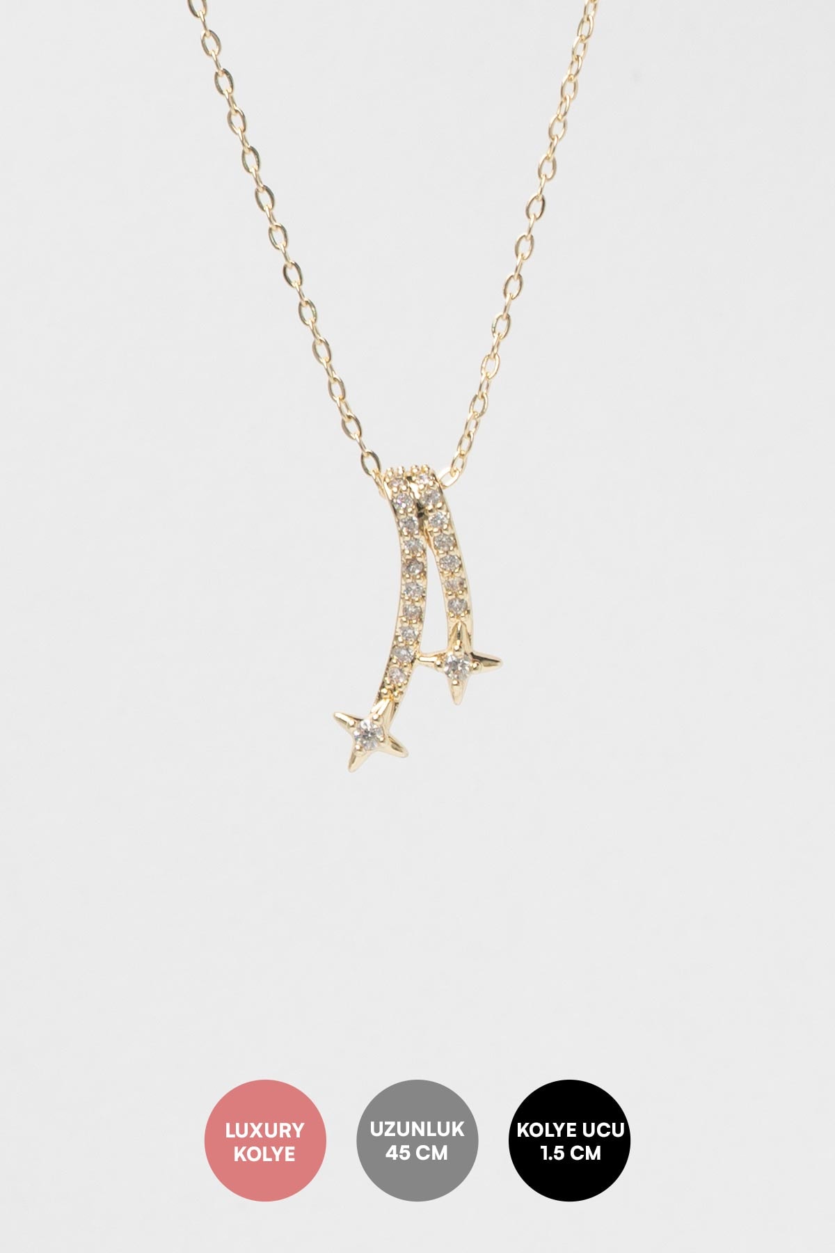 Gold Zirkon Kaplı İkili Minimal Kuyruklu Yıldız Sallantılı Luxury Kolye AKL4221