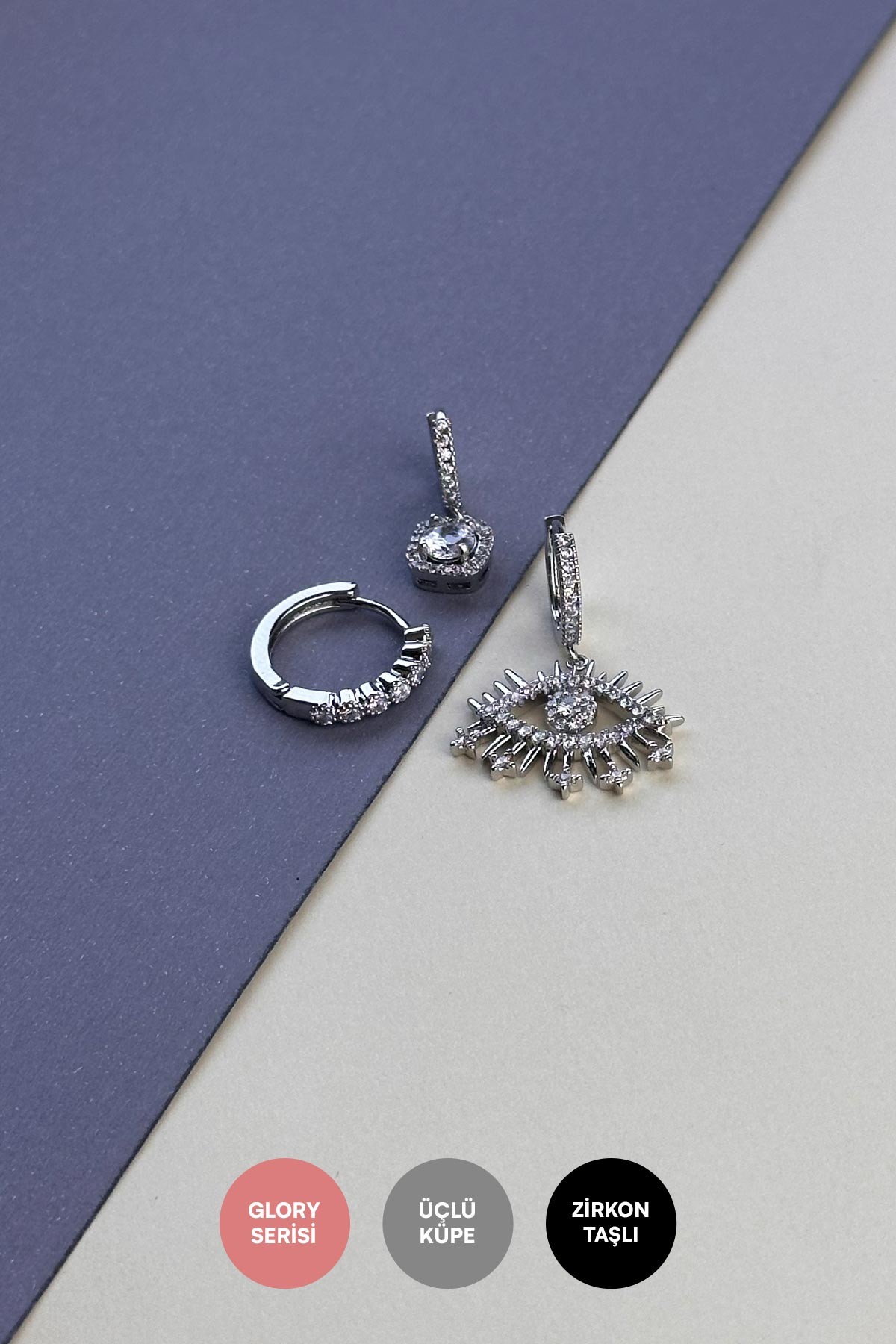Silver Zirkon Detay Göz Ve Tektaş Sallantılı Çoklu Glory Küpe AKE9075