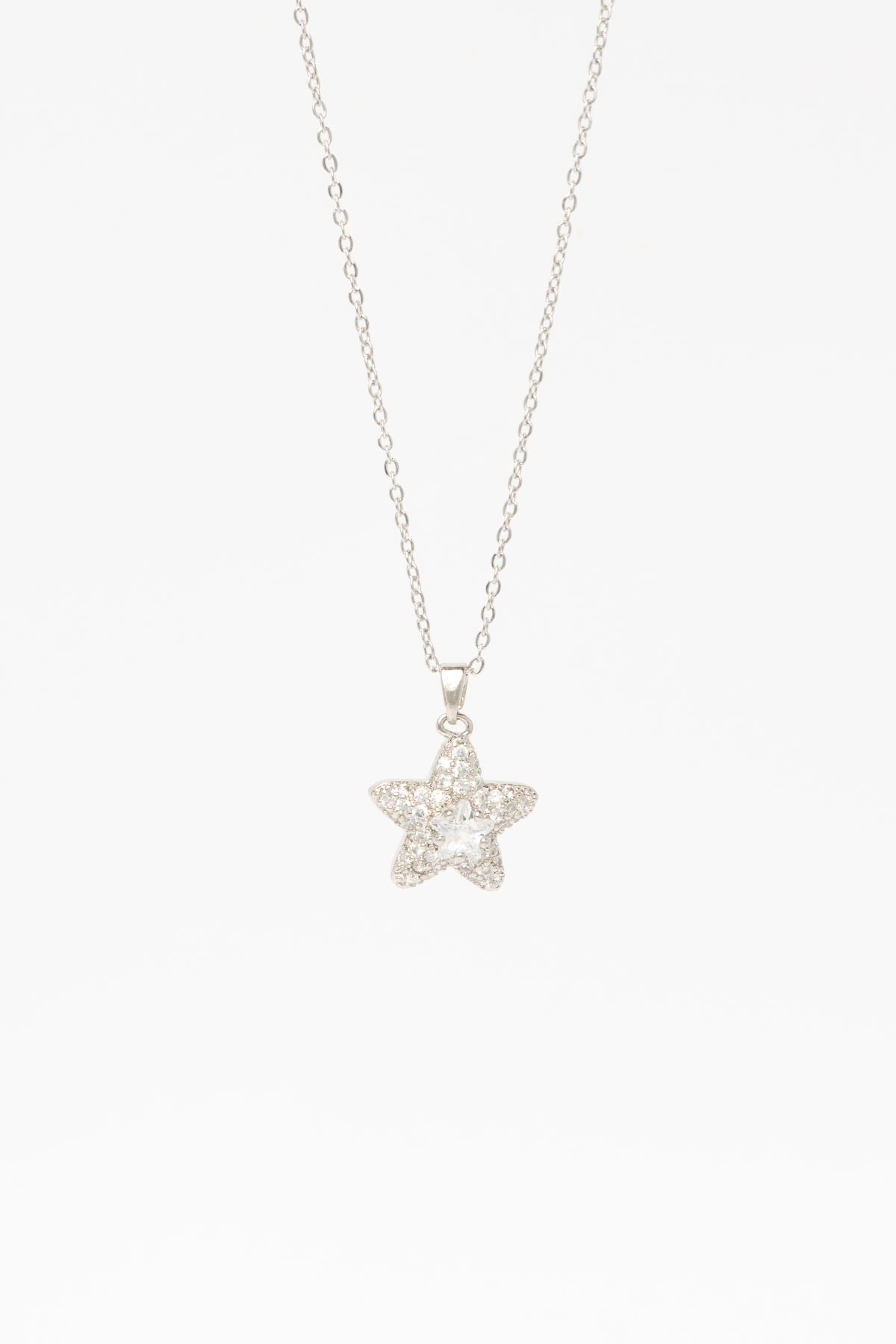 Silver Zirkon Kaplı Dolgulu Yıldız Tektaş Detay 45cm Çelik Kolye AKL4358