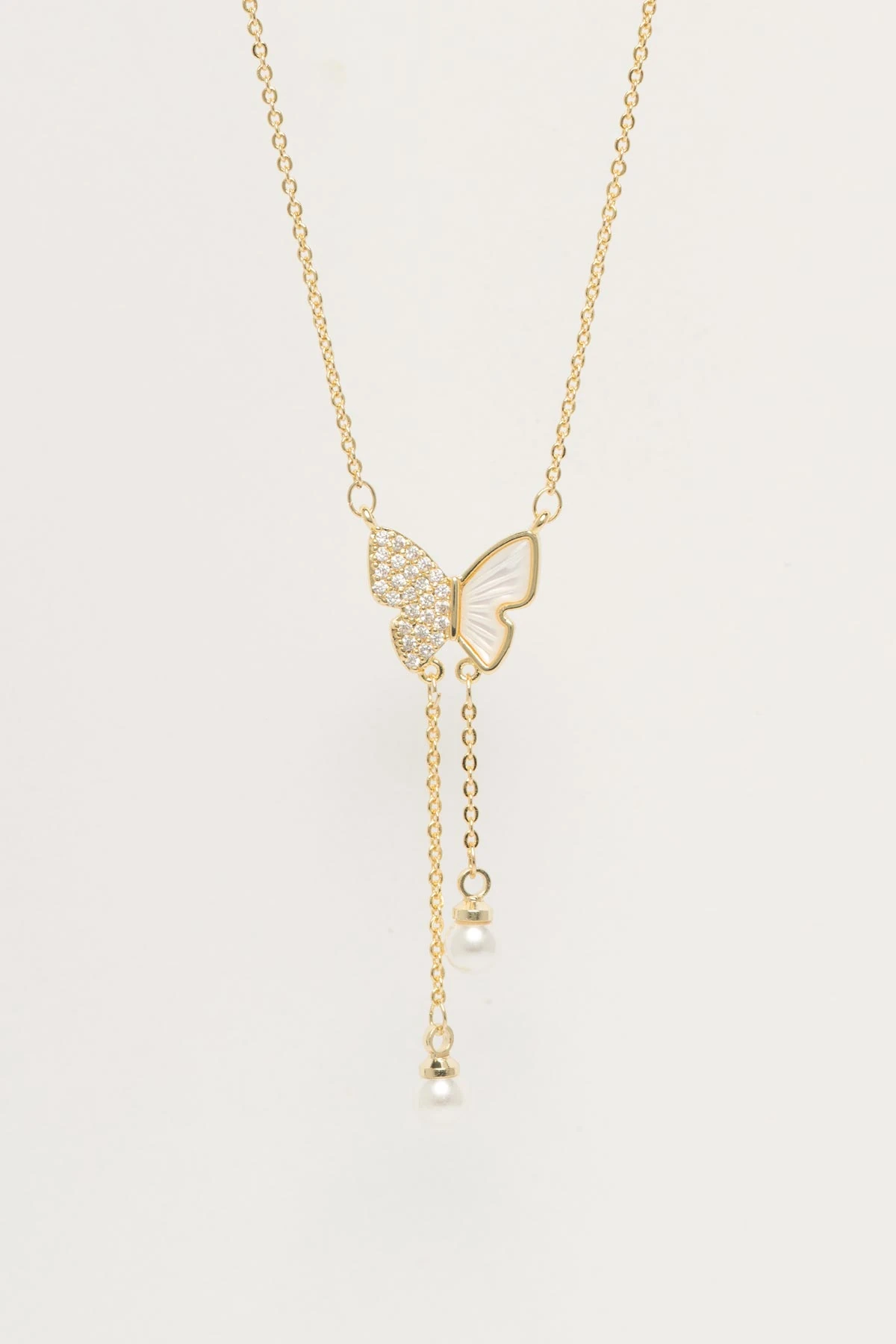 Gold Zirkon Ve Sedef Detay Kelebek İnci Topçuk Sallantılı Luxury Kolye AKL4413