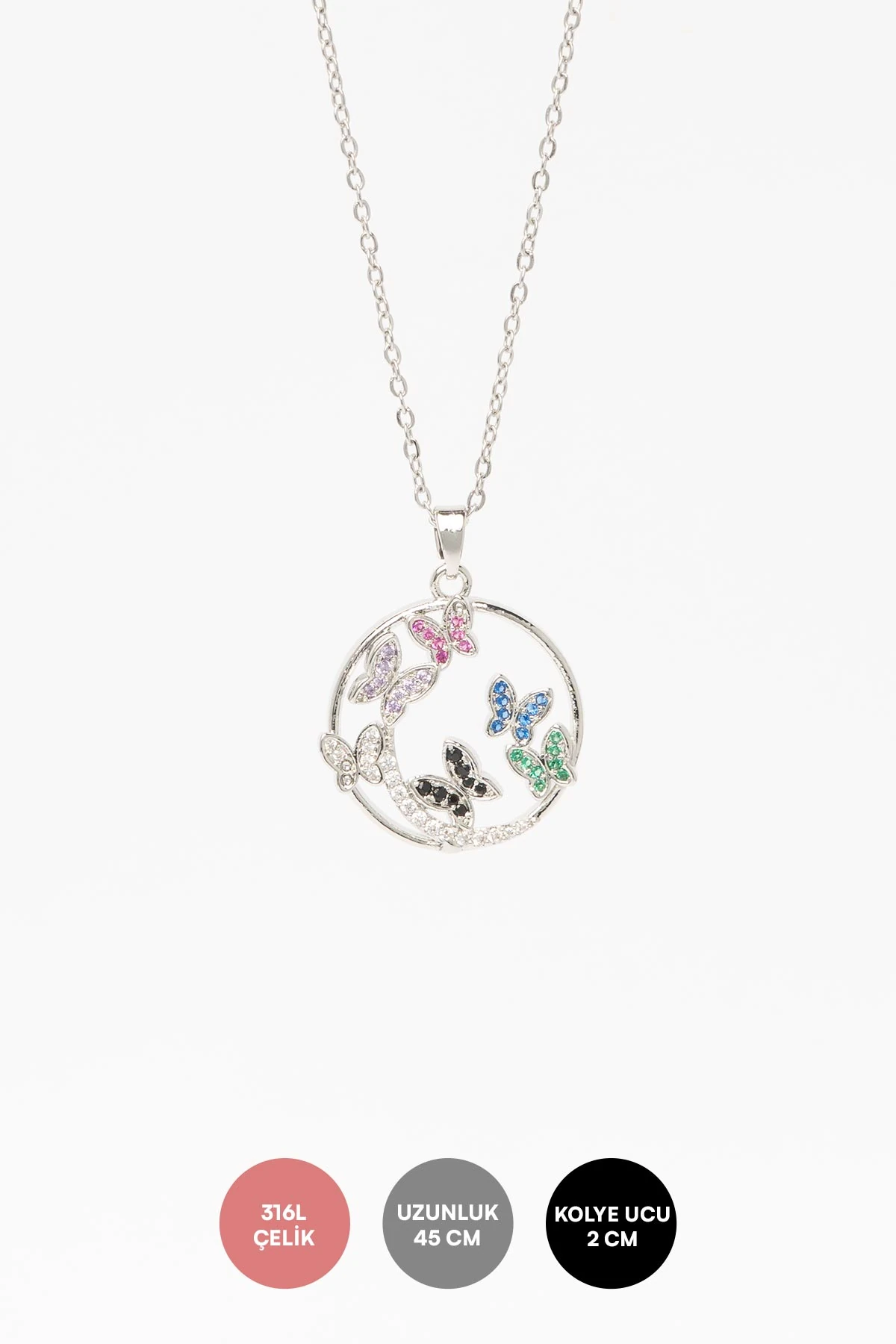 Silver Çember İçinde Uçuşan Renkli Zirkon Kelebekler Sallantılı 45cm Çelik Kolye AKL4354