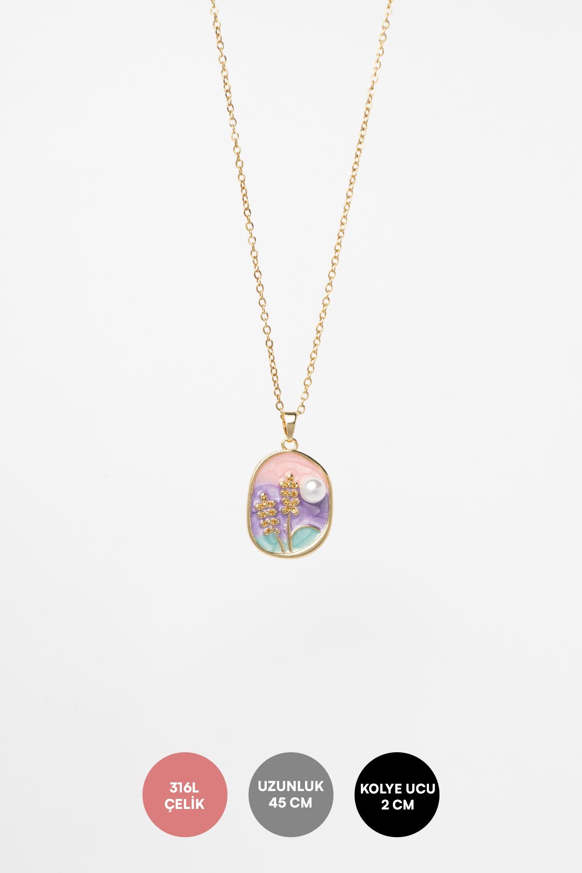 Gold Minimal Zincir Pembe Turkuaz Mor Mineli İncili Başak Figürlü Asimetrik Tasarım Madalyon Çelik Kolye 45 cm AKL4064