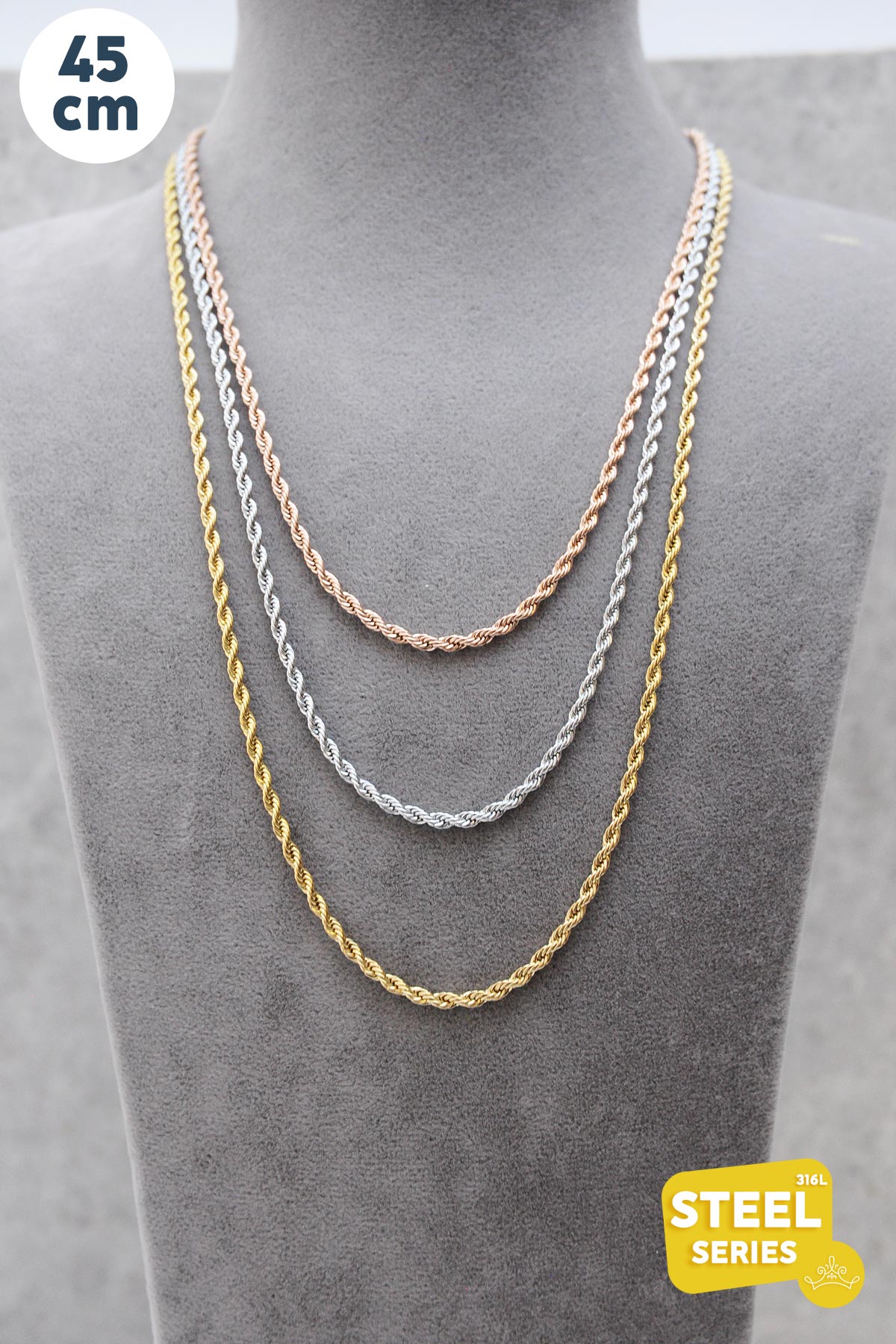 Üç Renk Burgu Çelik Kolye 60Cm AKL1284