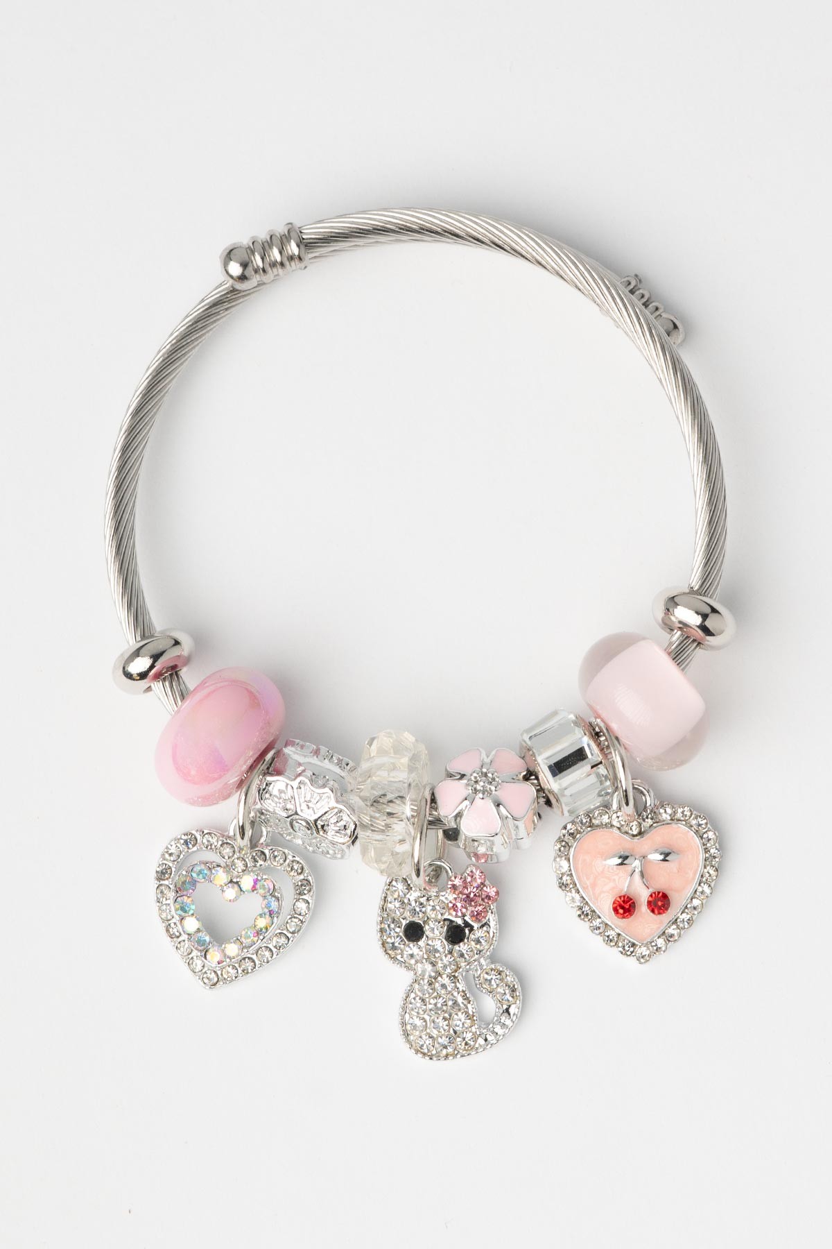 Zirkon Taş Sıralı Kalp Kedi Kiraz Motifli Pembe Kalp Charm Sallantılı Bileklik ABL7360