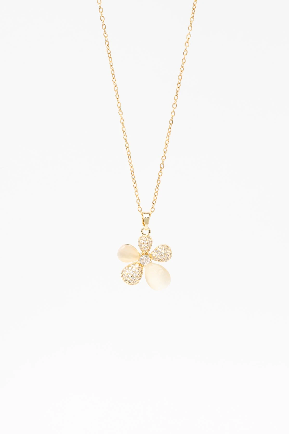 Gold Zirkon Ve Sedefli Büyük Papatya Sallantılı 45cm Çelik Kolye AKL4337
