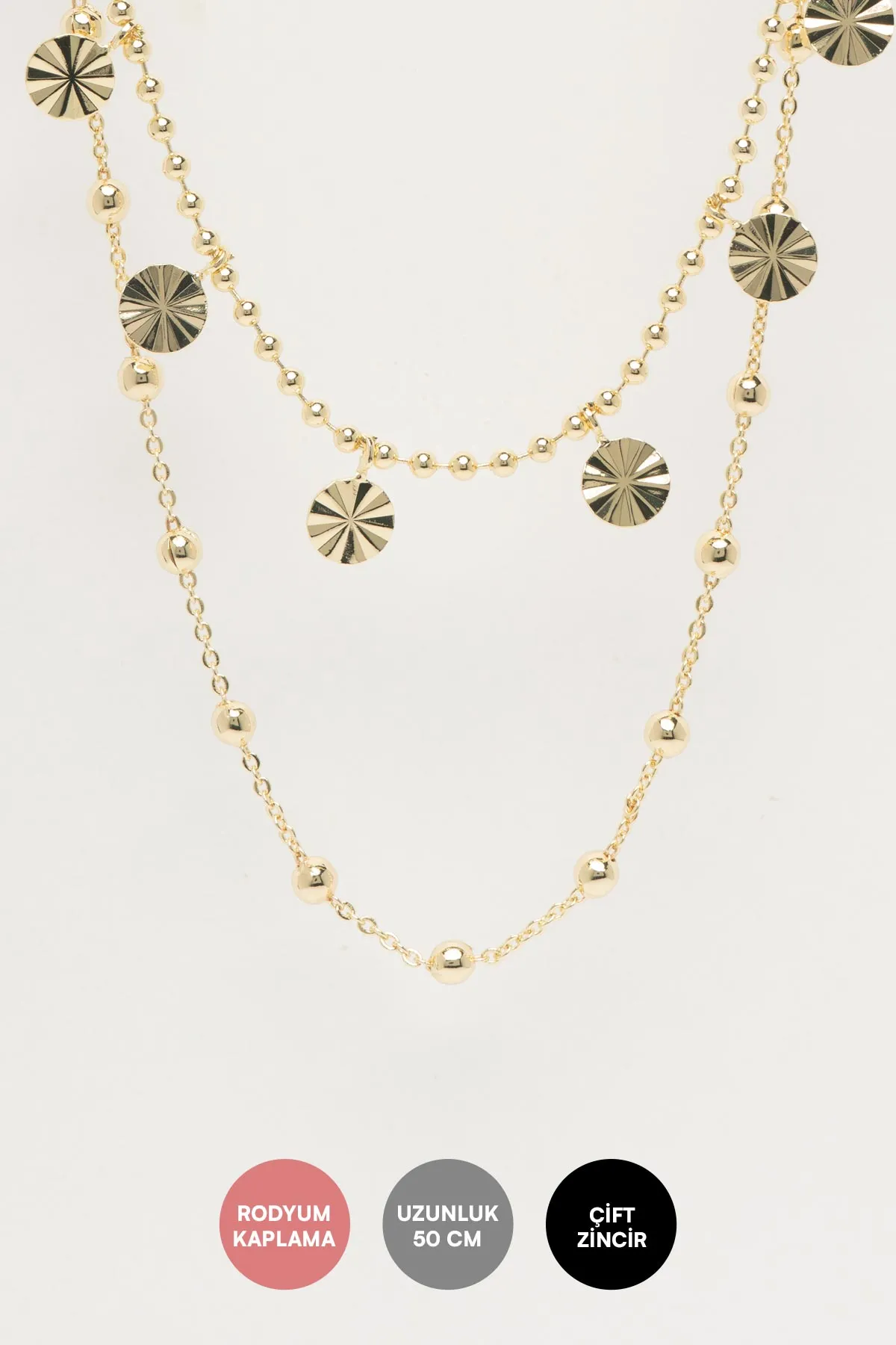 Gold 14K Çift Zincir Lazer Kesim Yuvarlak Plakalar Ve Topçuk Sıralı Luxury Kolye AKL4401