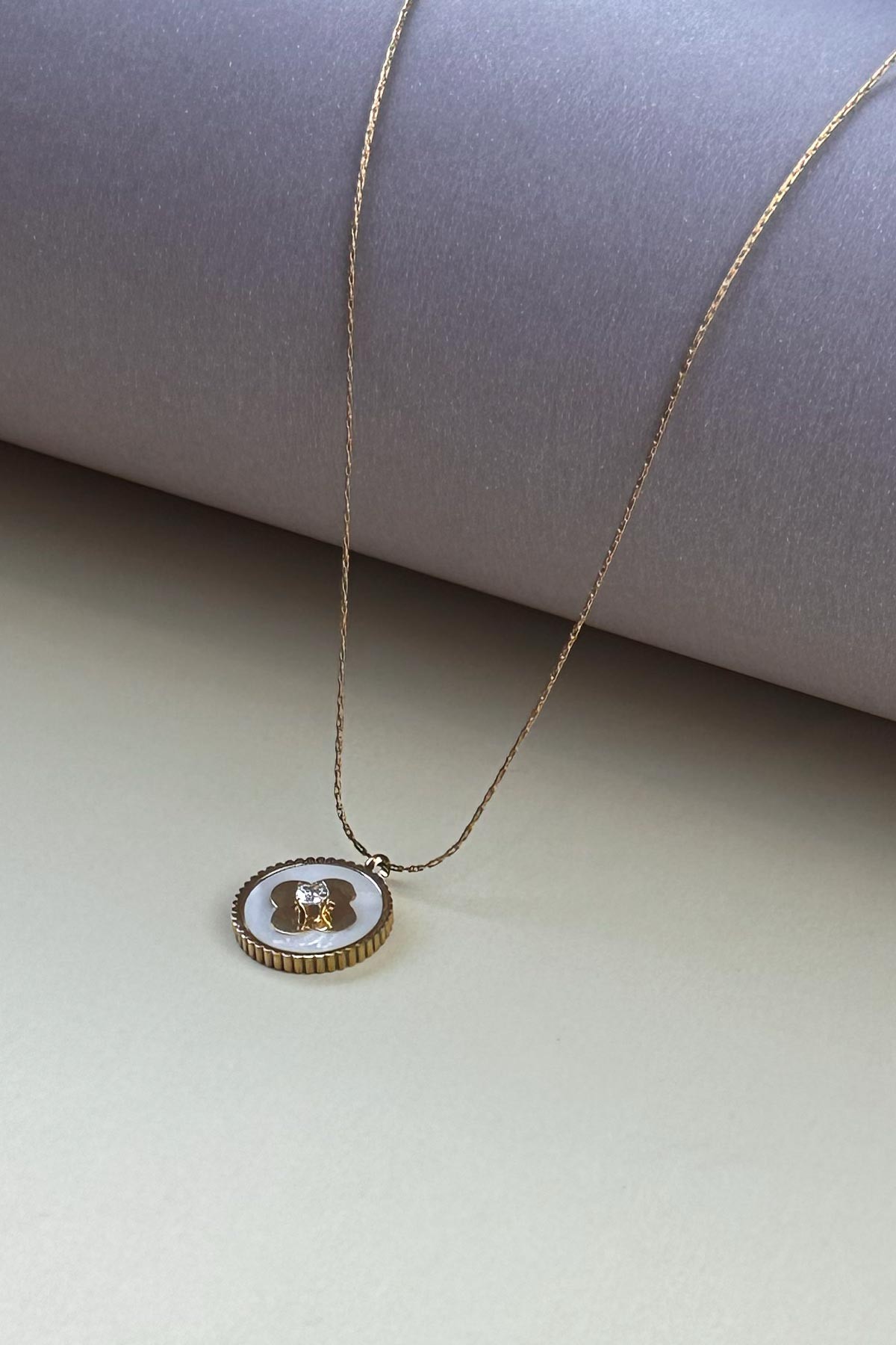 Gold Minimal Zincir Sedef Daire İçerisinde Tektaş Detay Yonca Tasarım Çelik Kolye 45 cm AKL3895