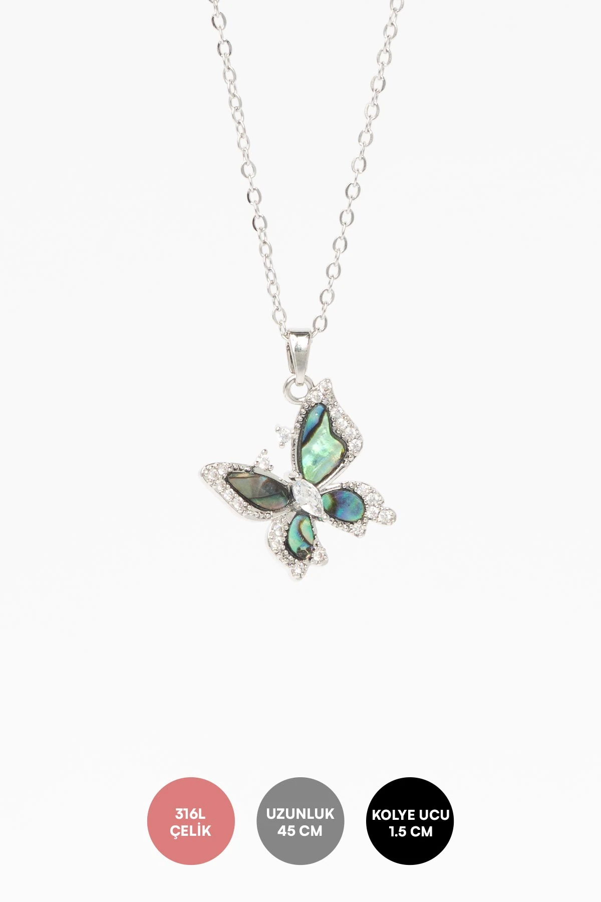 Silver Zirkon Kenarlı Kanat Yeşil Taşlı Kelebek Sallantılı 45cm Çelik Kolye AKL4336