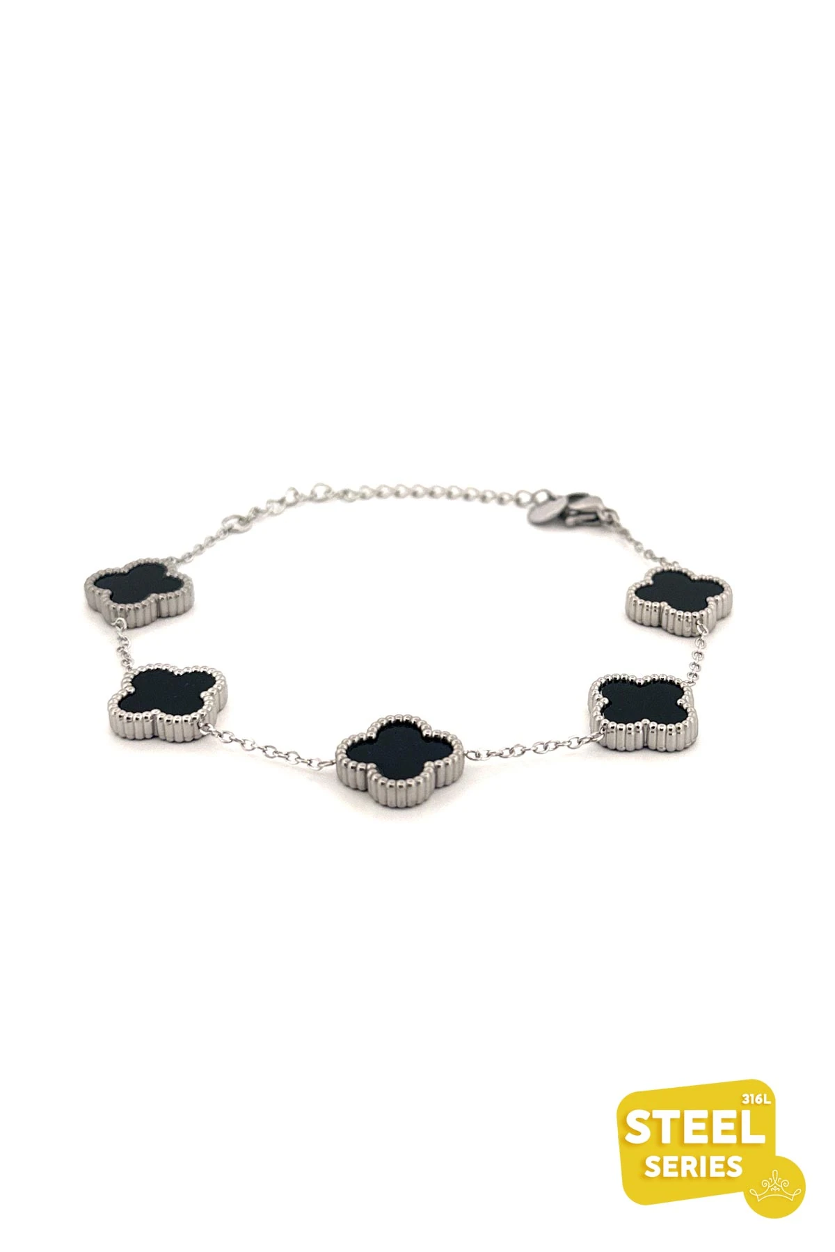 Çift Yönlü Silver Tırtıklı Tasarım Siyah Sedefli Dört Yapraklı Yonca Çelik Künye Bileklik ABL6031