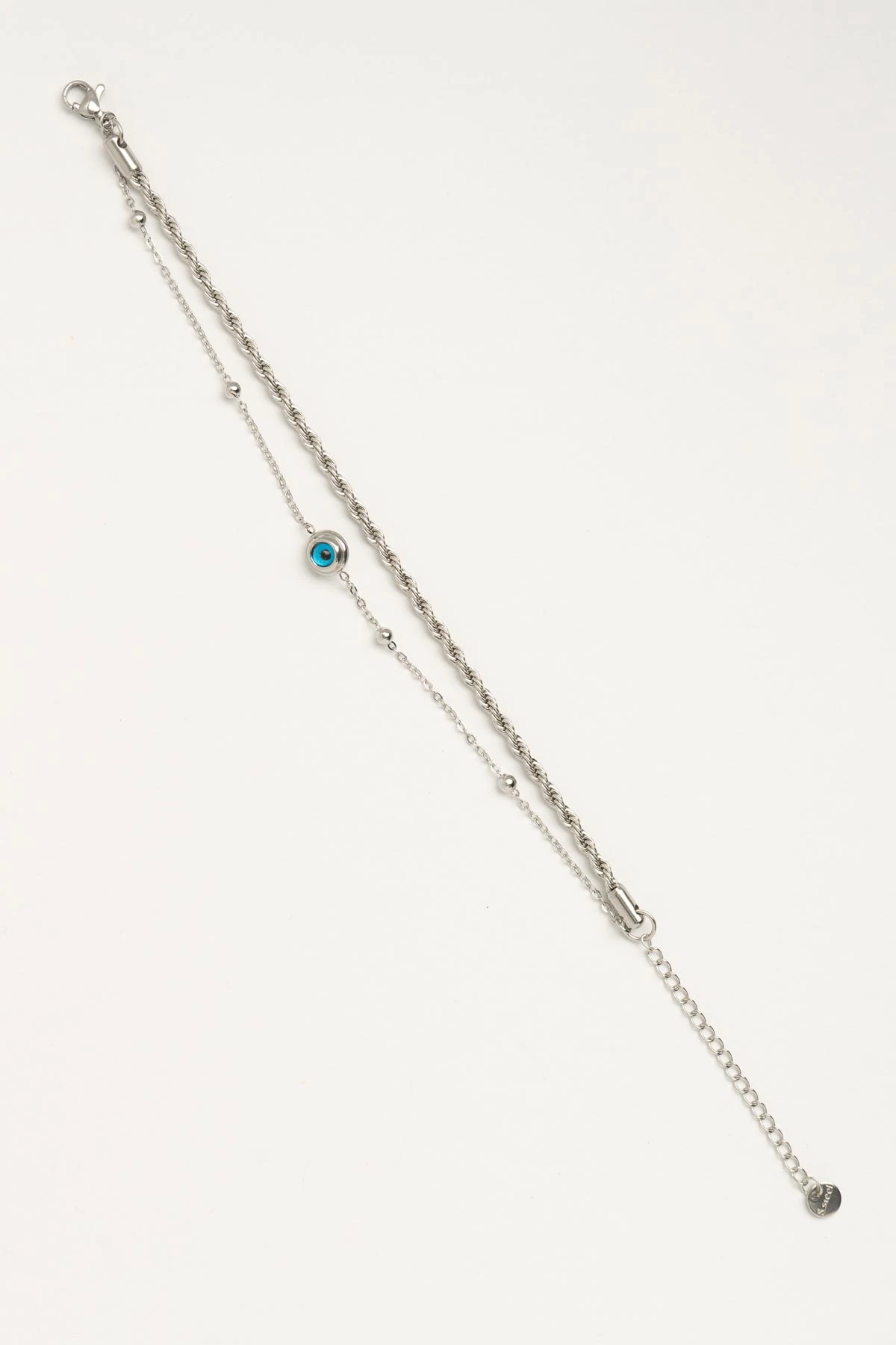 Silver Burgu Tasarım Ve Minimal Topçuk Sıralı Çift Zincir Nazarlık Sallantılı Çelik Bileklik ABL7544