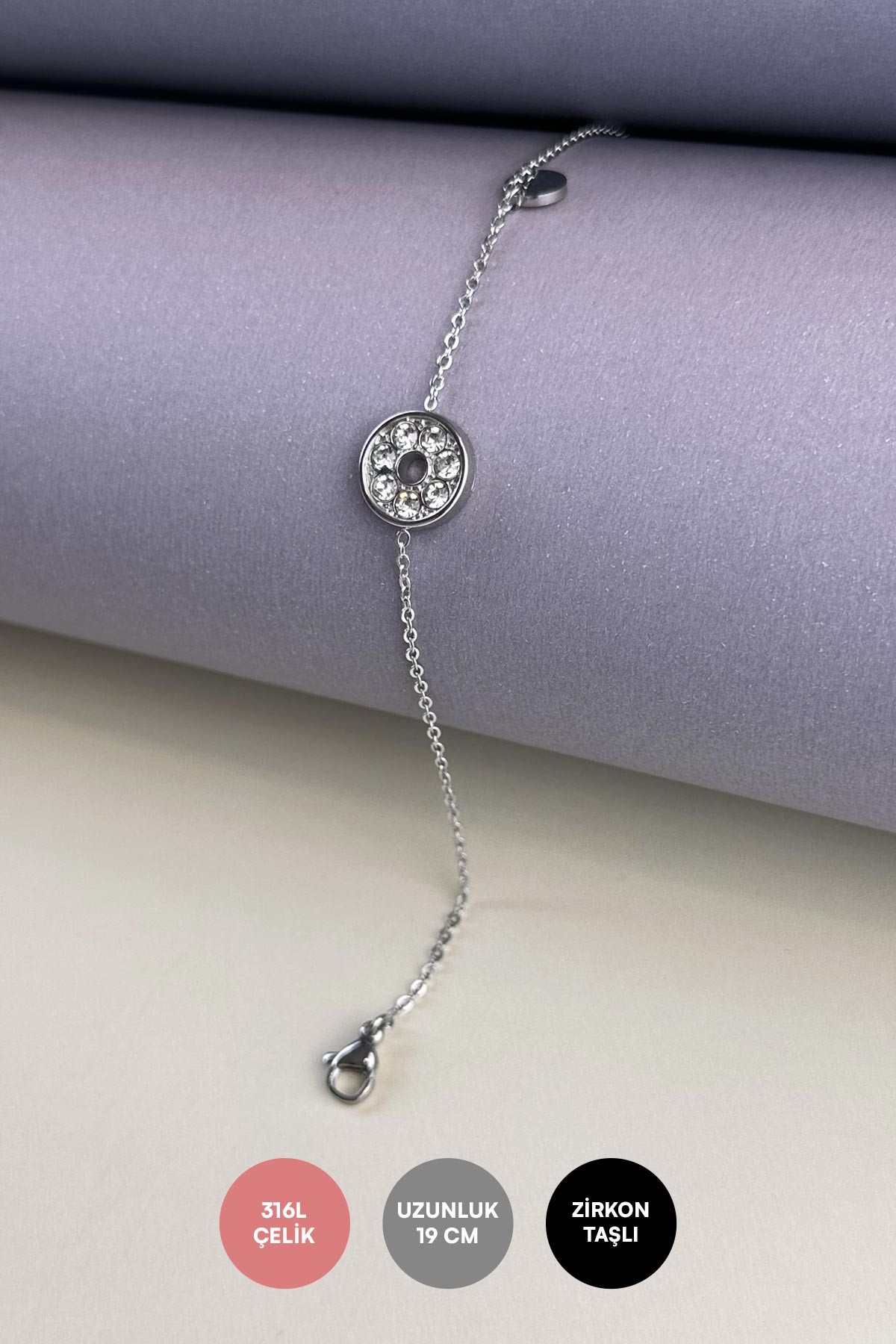 Silver Zirkon Daire Detay Ve Minimal Pul Sallantılı Çelik Bileklik ABL7058