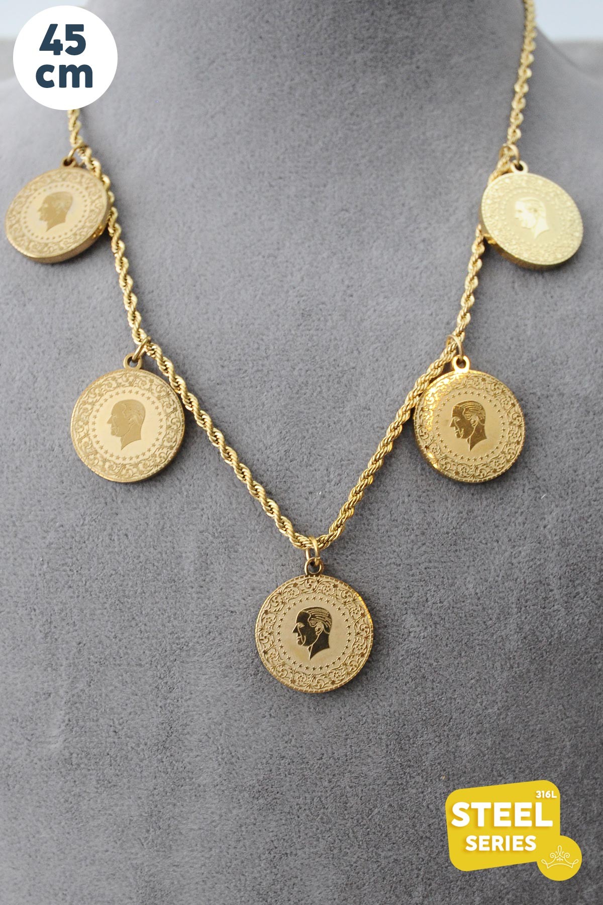 Gold Burgu Tasarım Ata Beşli Çelik Kolye 45 Cm AKL2134