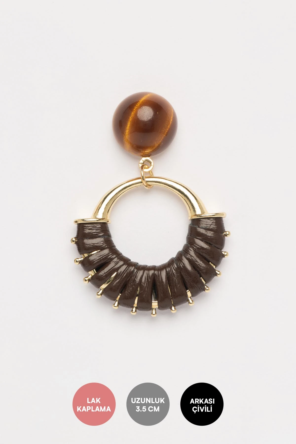 Kahverengi Boncuk Ucunda Deri Kaplı Kahverengi Stefany Küpe AKE9777