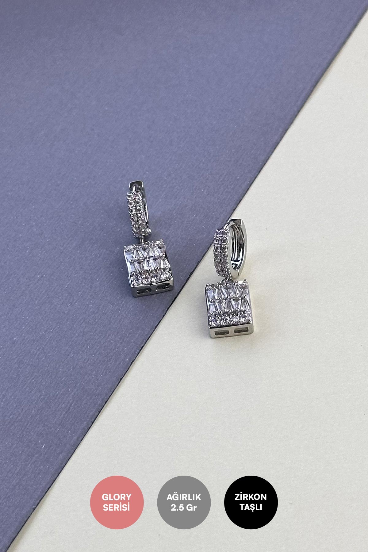 Silver Zirkon Ve Baget Taşlı Sallantılı Çelik Küpe AKE9132