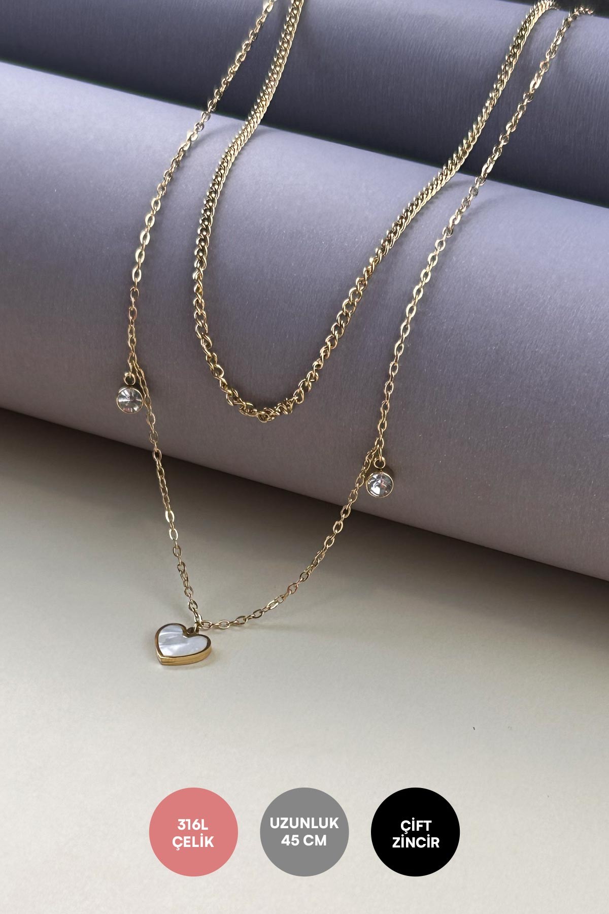 Gold Çift Zincir Minimal Sedef Kalp Sallantılı 45cm Çelik Kolye AKL4003