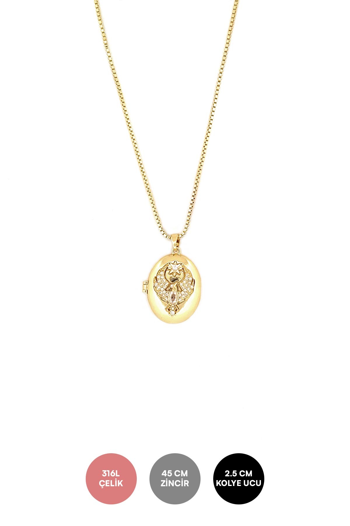 Gold Açılabilir Zirkon Kanat ve Yıldız Detay Badem Tasarım Çelik Kolye 45 cm AKL3828