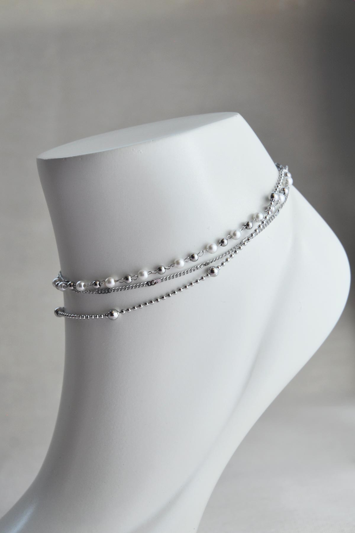 Çoklu Zincir Tasarım Minimal Silver Ve İnci Topçuklar Çelik Halhal AHL1368