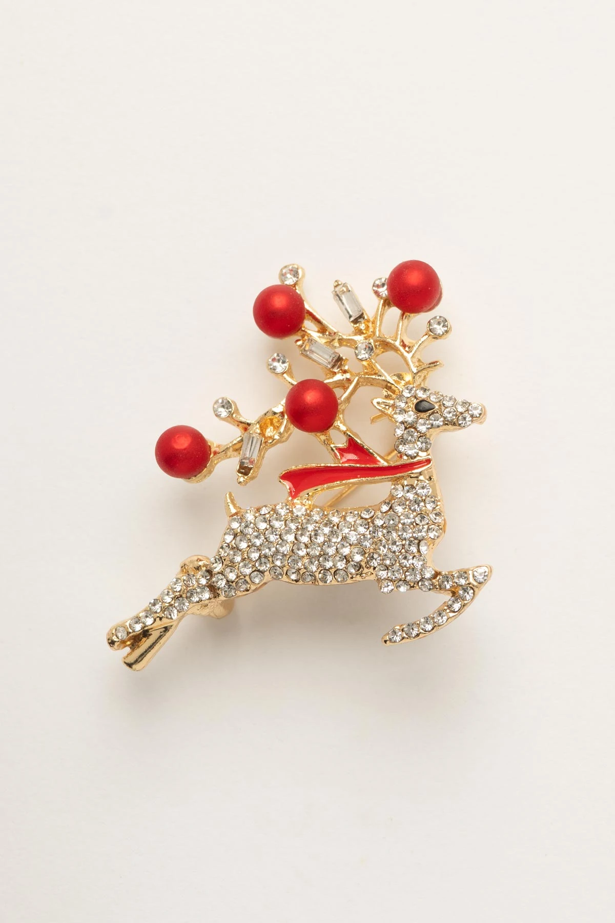 Zirkon Taş Kaplı Kırmızı Toplu Geyik Yaka Broşu ABR9186