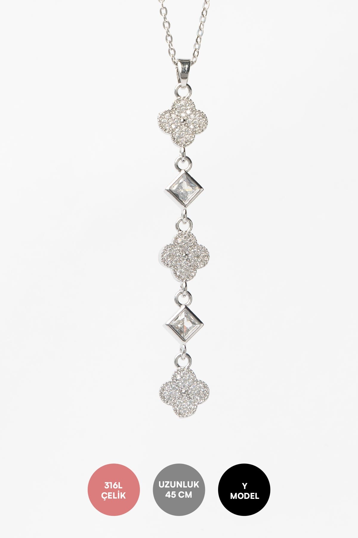 Silver Minimal Zincir Zirkon Kaplı Minimal Dört Yaprak Yoncalar Sallantılı 45cm Çelik Kolye AKL4152