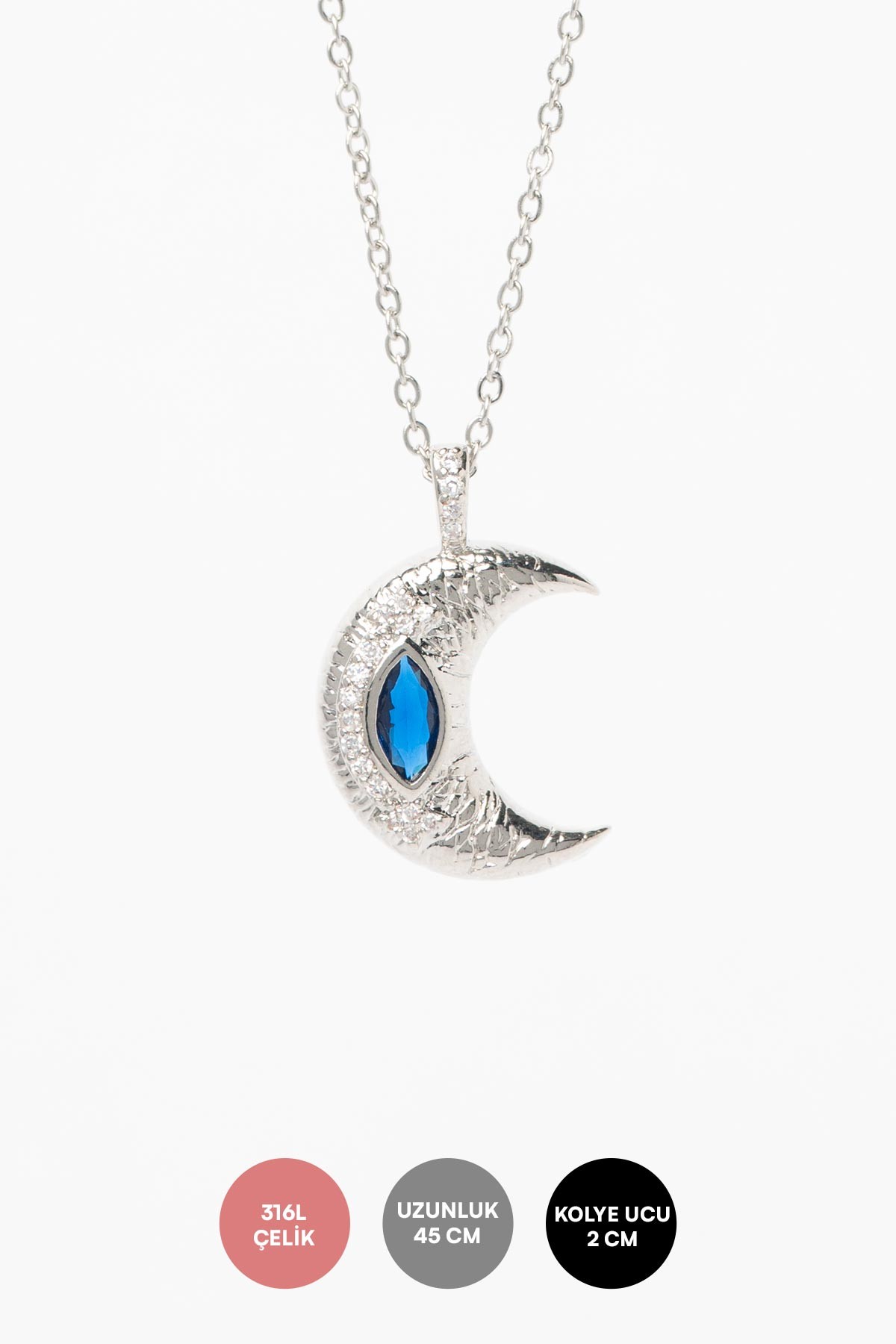 Silver Minimal Zincir Siyah Taş Detay Ay Figürü Sallantılı Çelik Kolye 45 cm AKL4087