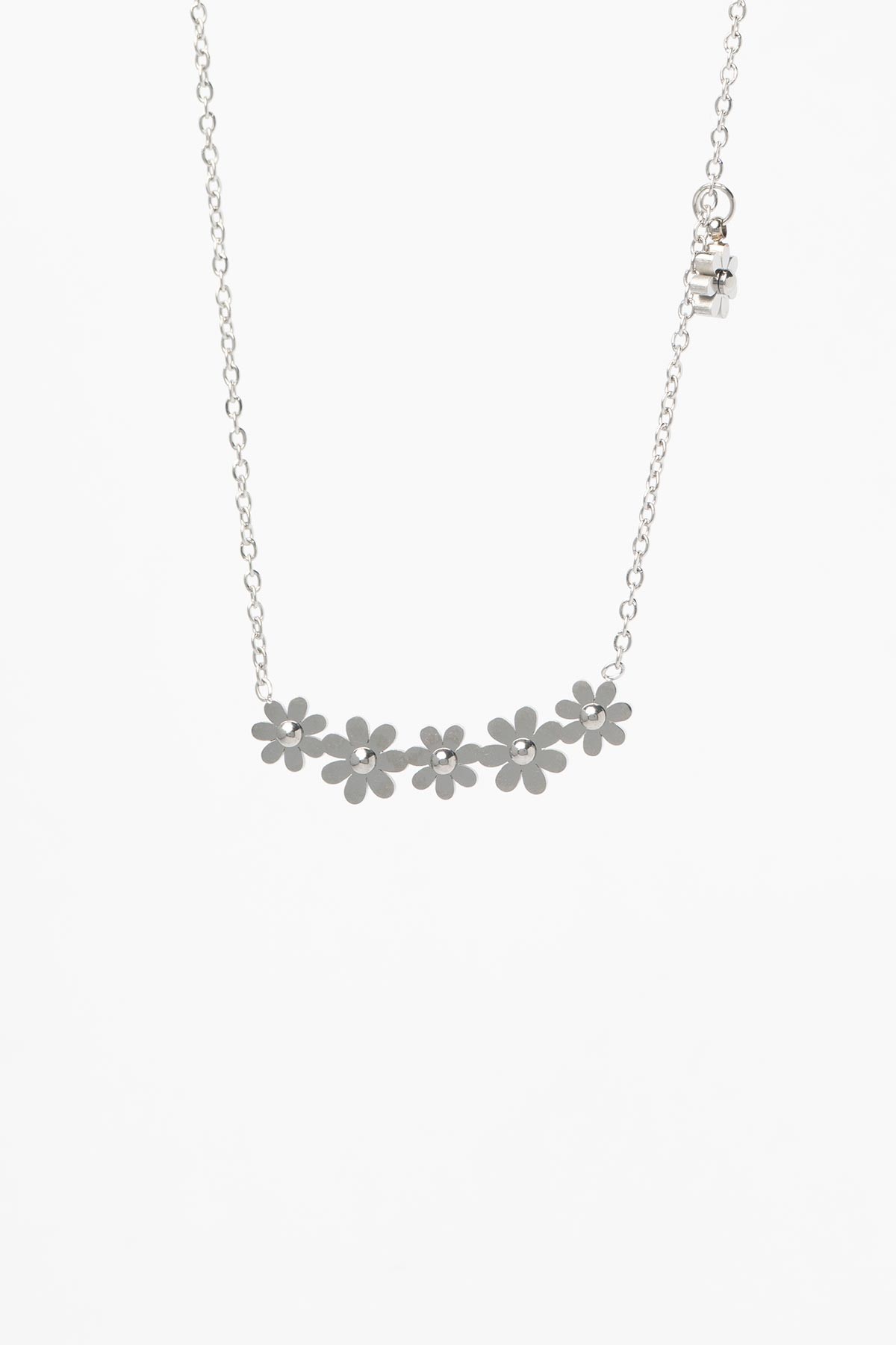 Silver Minimal Zincir Beşli Mini Papatya Sıralı Çelik Kolye 45 cm AKL4097