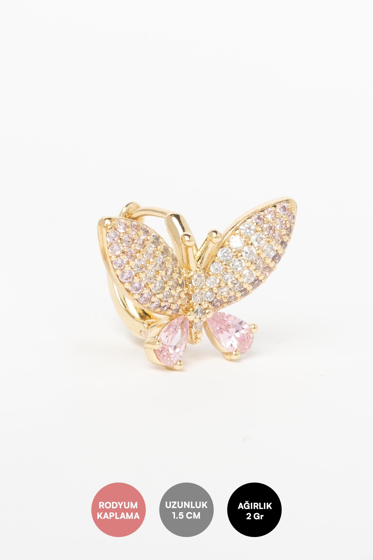 Gold Zirkon Taş Detay Pembe Kristal Taşlı Kelebek Luxury Küpe AKE9398
