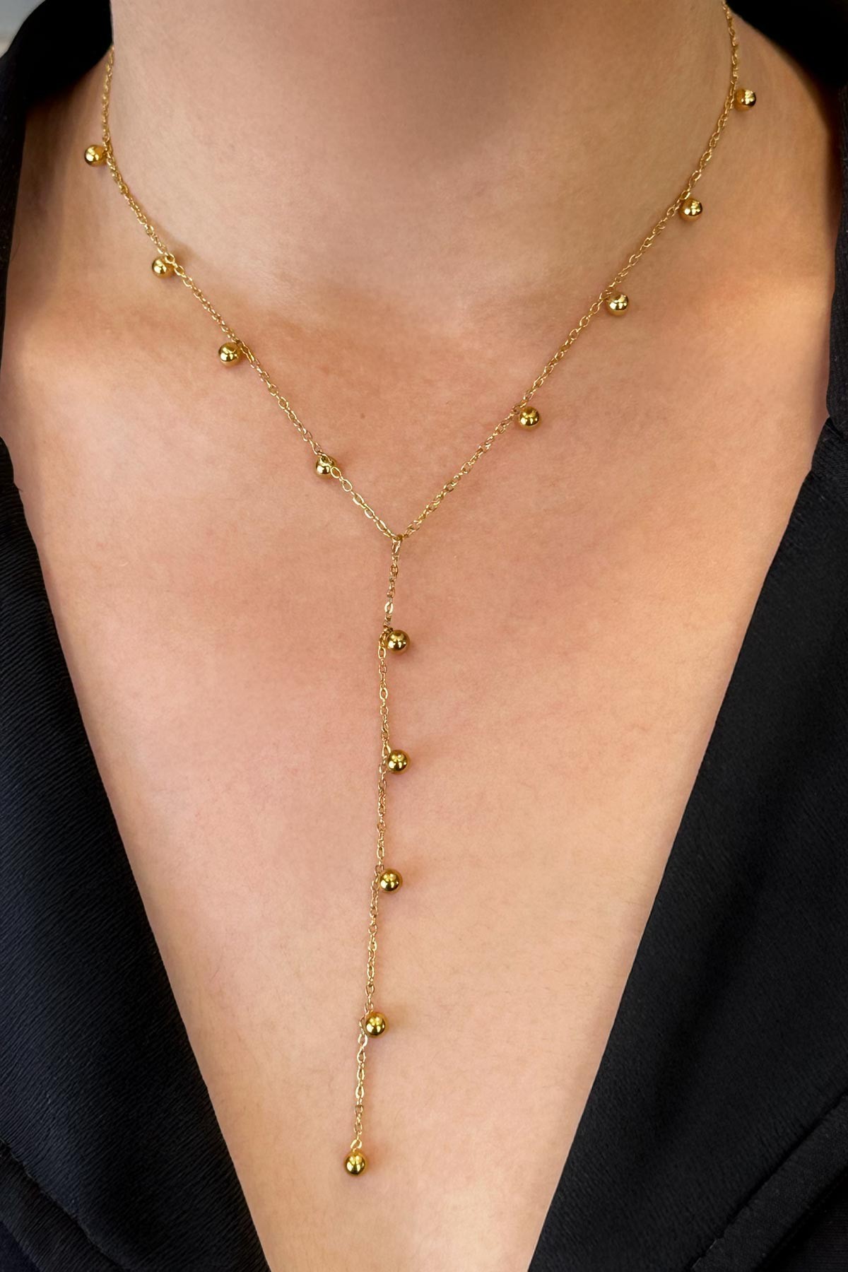 Gold Y Tasarım Sıra Minimal Topçuk Sallantılı Çelik Kolye 45 cm AKL3748