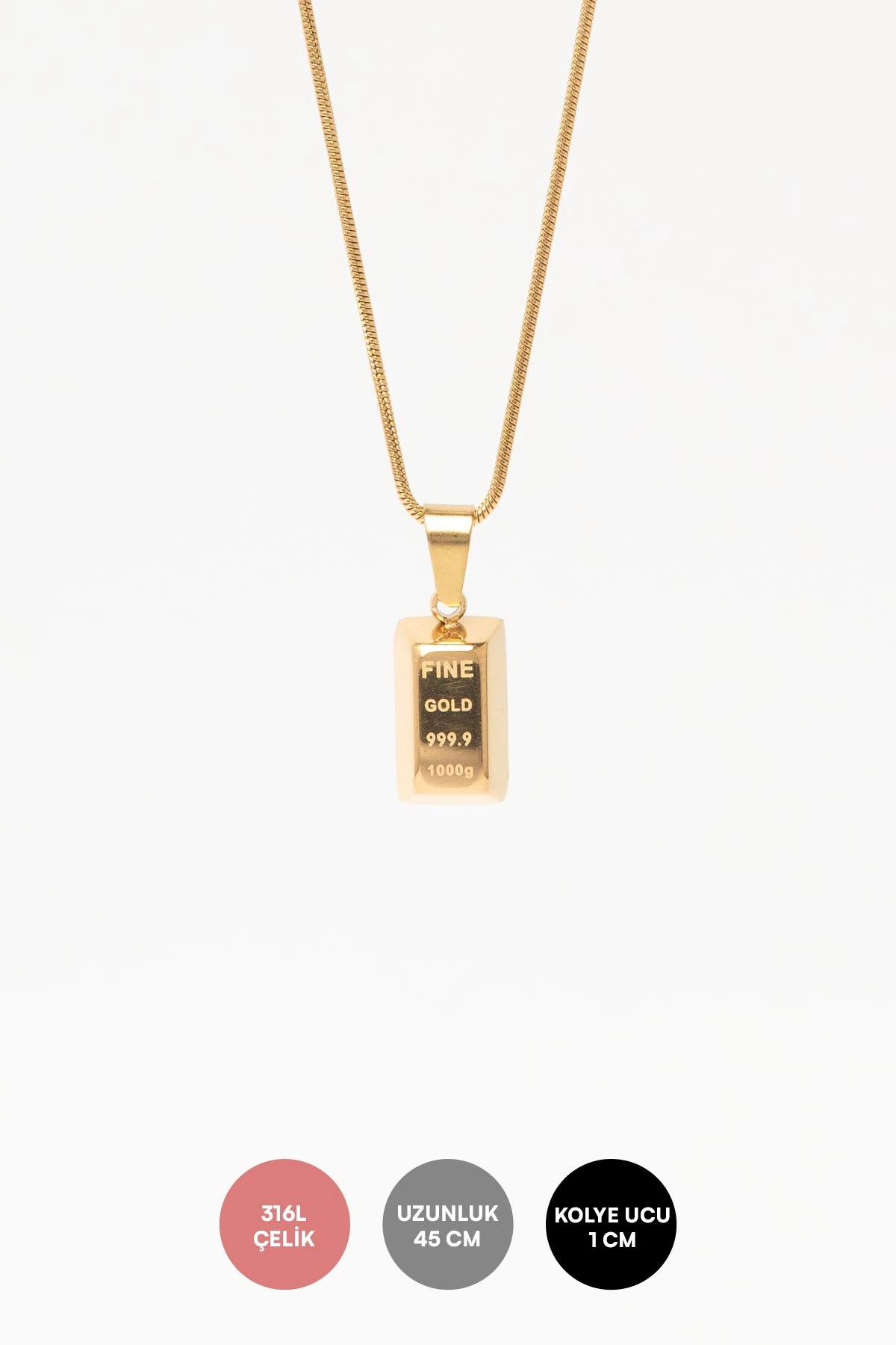 Gold Boru Zincir Mini Gram Külçe Altın Sallantılı 45cm Çelik Kolye AKL4384