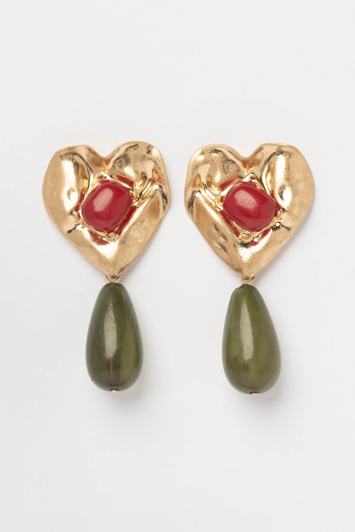 Gold Kalp Kahverengi Taş Detay Yeşil Boncuk Sallantılı Stefany Küpe AKE9569