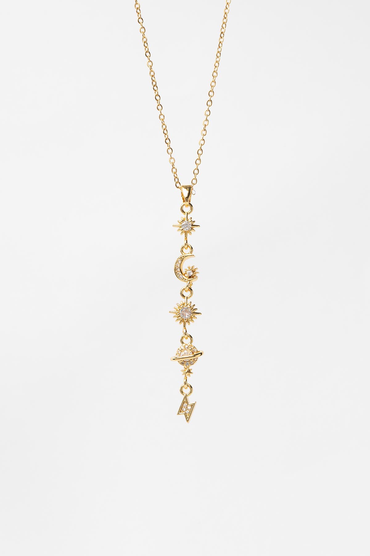 Gold Minimal Zincir Zirkon Detaylı Ay Kuzey Yıldızı Ve Gezegen Sallantılı 45cm Çelik Kolye AKL4145