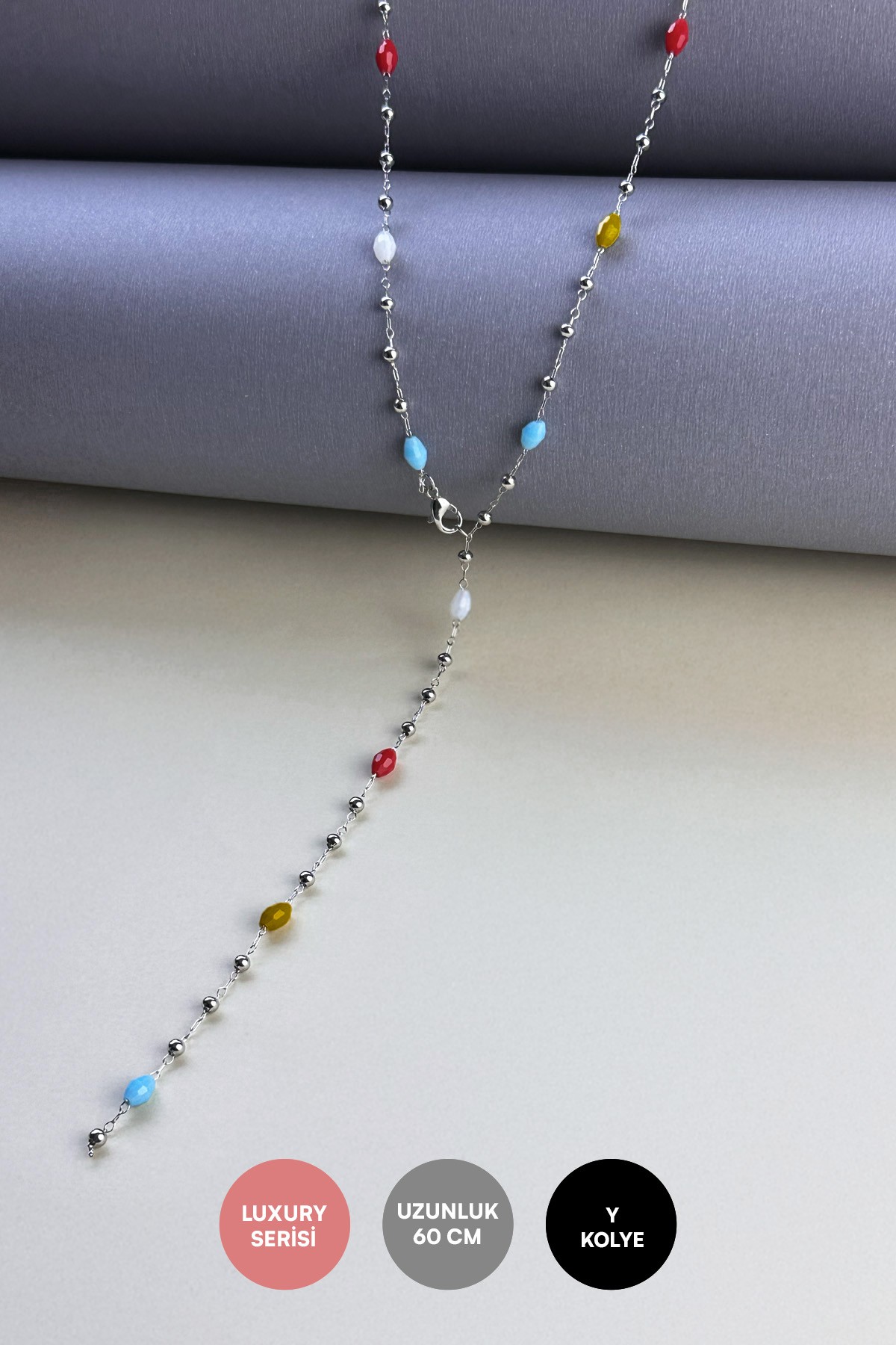 Silver Minimal Topçuk Zincir Renkli Boncuk Sıralı Y Tasarım Luxury Kolye AKL3973