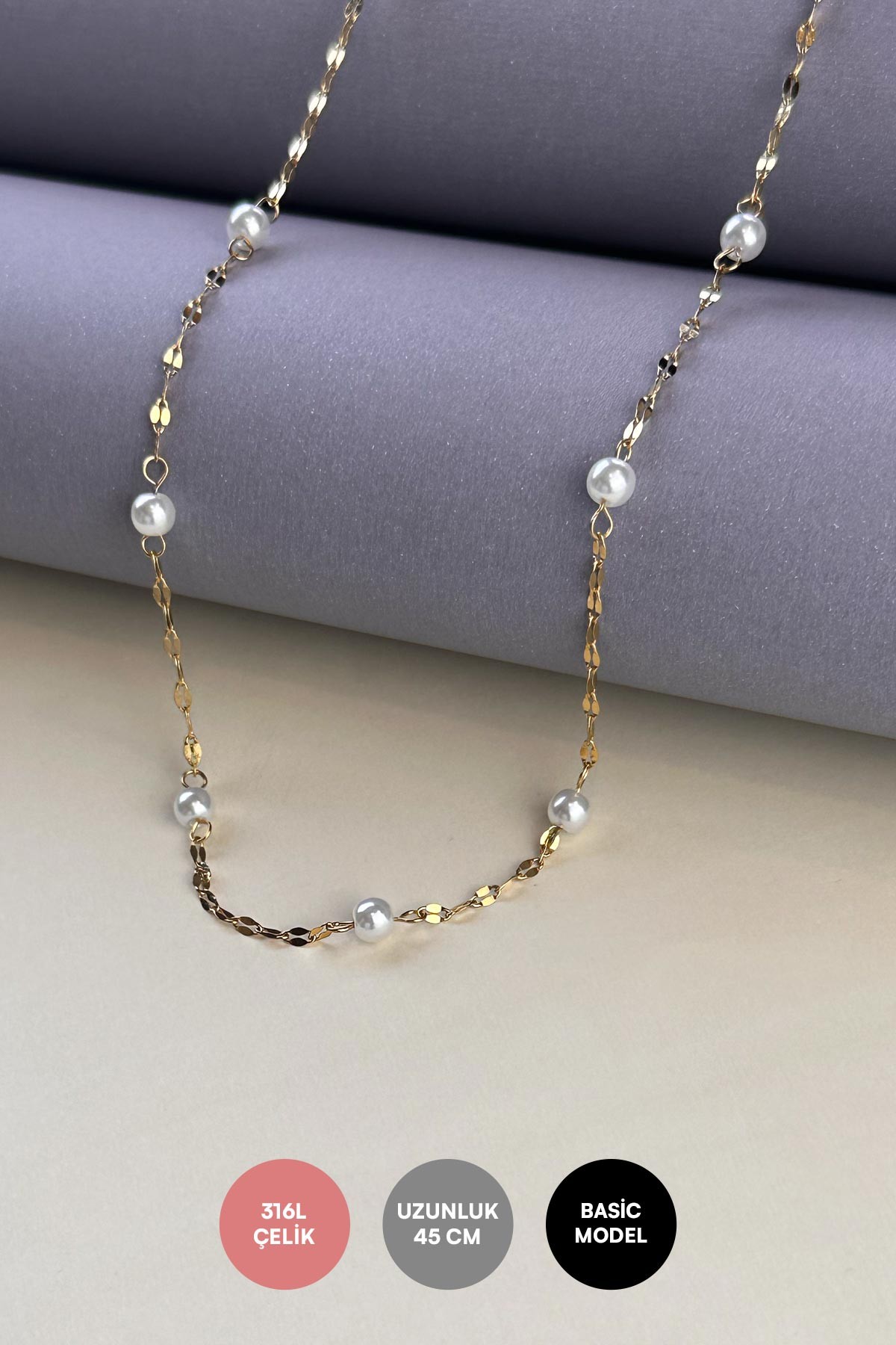 Gold Ezme Zincir Sıra İnciler Çelik Kolye 45 cm AKL3897