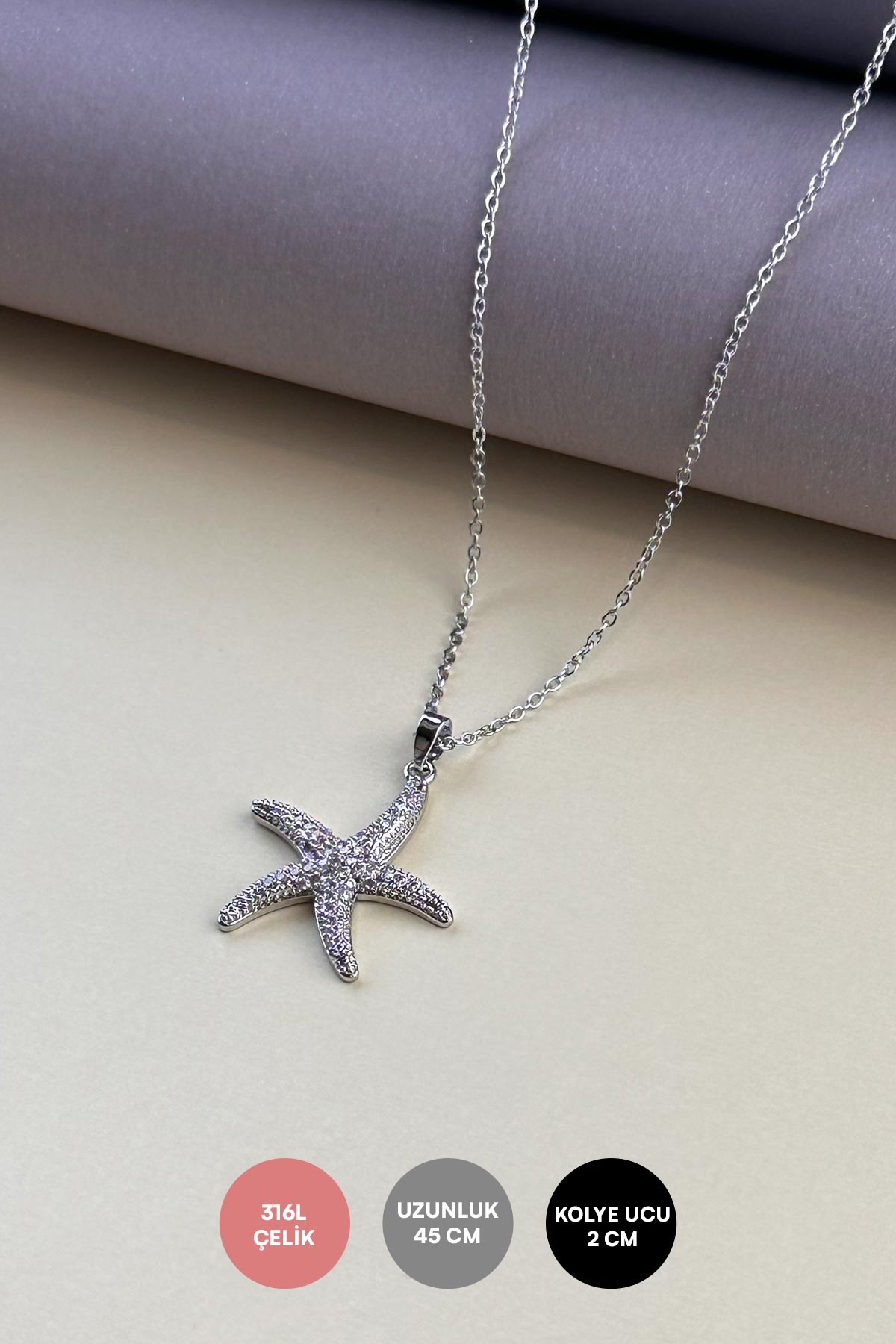 Silver Minimal Zincir Zirkon Kaplı Büyük Deniz Yıldızı Sallantlı Çelik Kolye 45 cm AKL4083