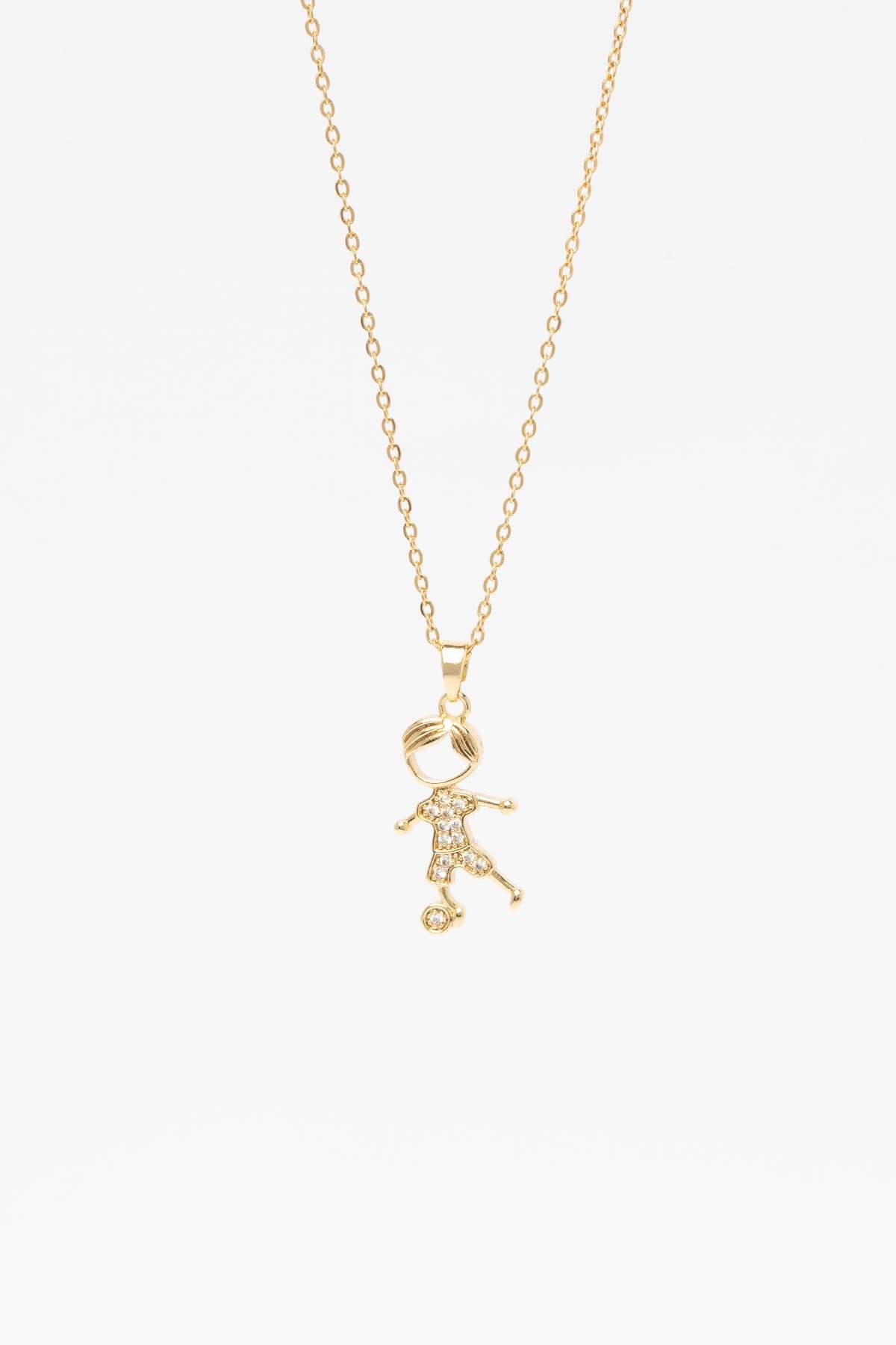 Gold Zirkon Saç Ve Kıyafet Detaylı Erkek Çocuğu Tasarım 45cm Çelik Kolye AKL4343