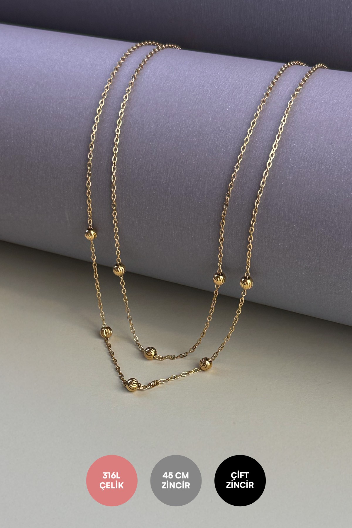 Gold Minimal Çift Zincir Tasarım Lazer Kesim Topçuk Detay Çelik Kolye 45 cm AKL3592