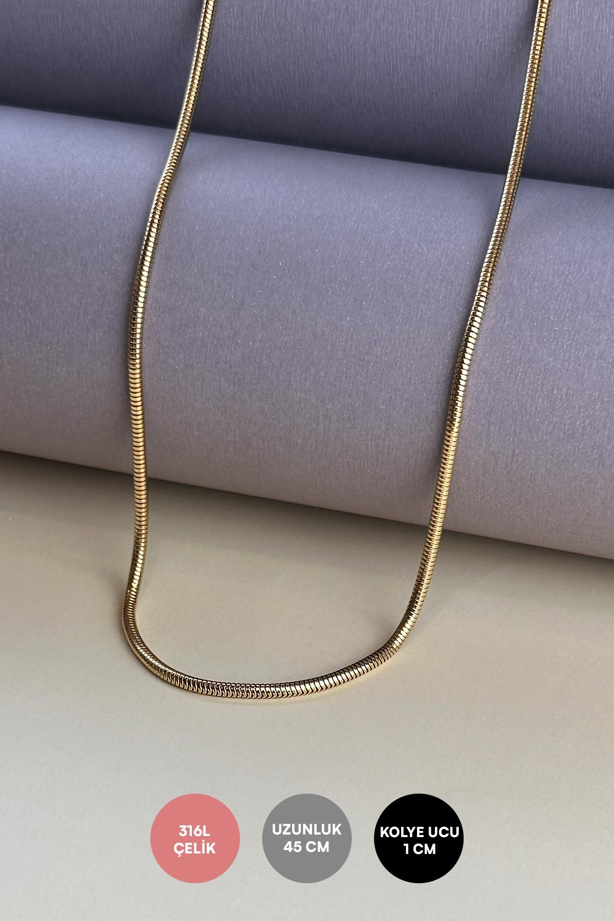 Gold Geniş Boru Zincir Çelik Kolye 45 cm AKL3800