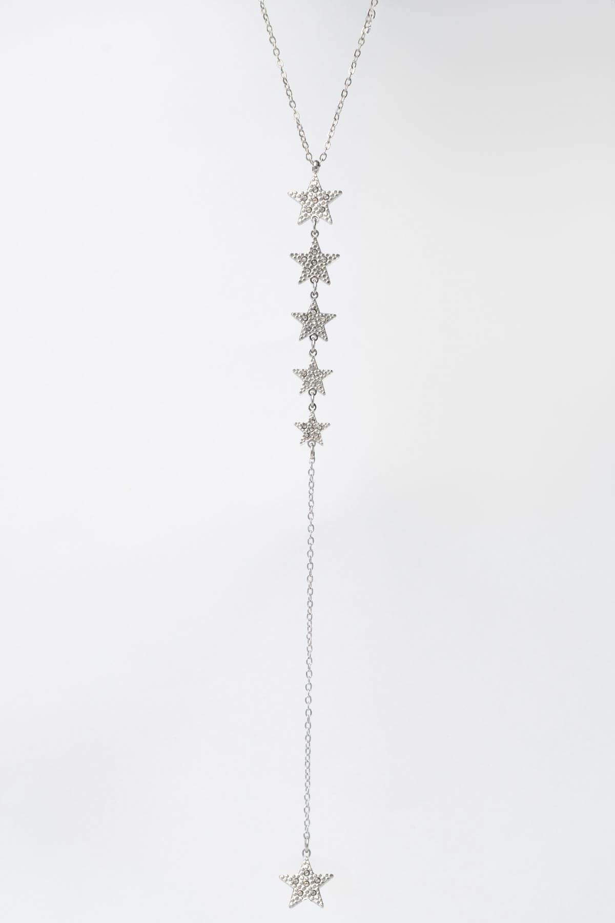 Silver Minimal Zincir Y Tasarım Zirkon Taş Detaylı Beş Boy Yıldız Sıralı 45cm Çelik Kolye AKL4174