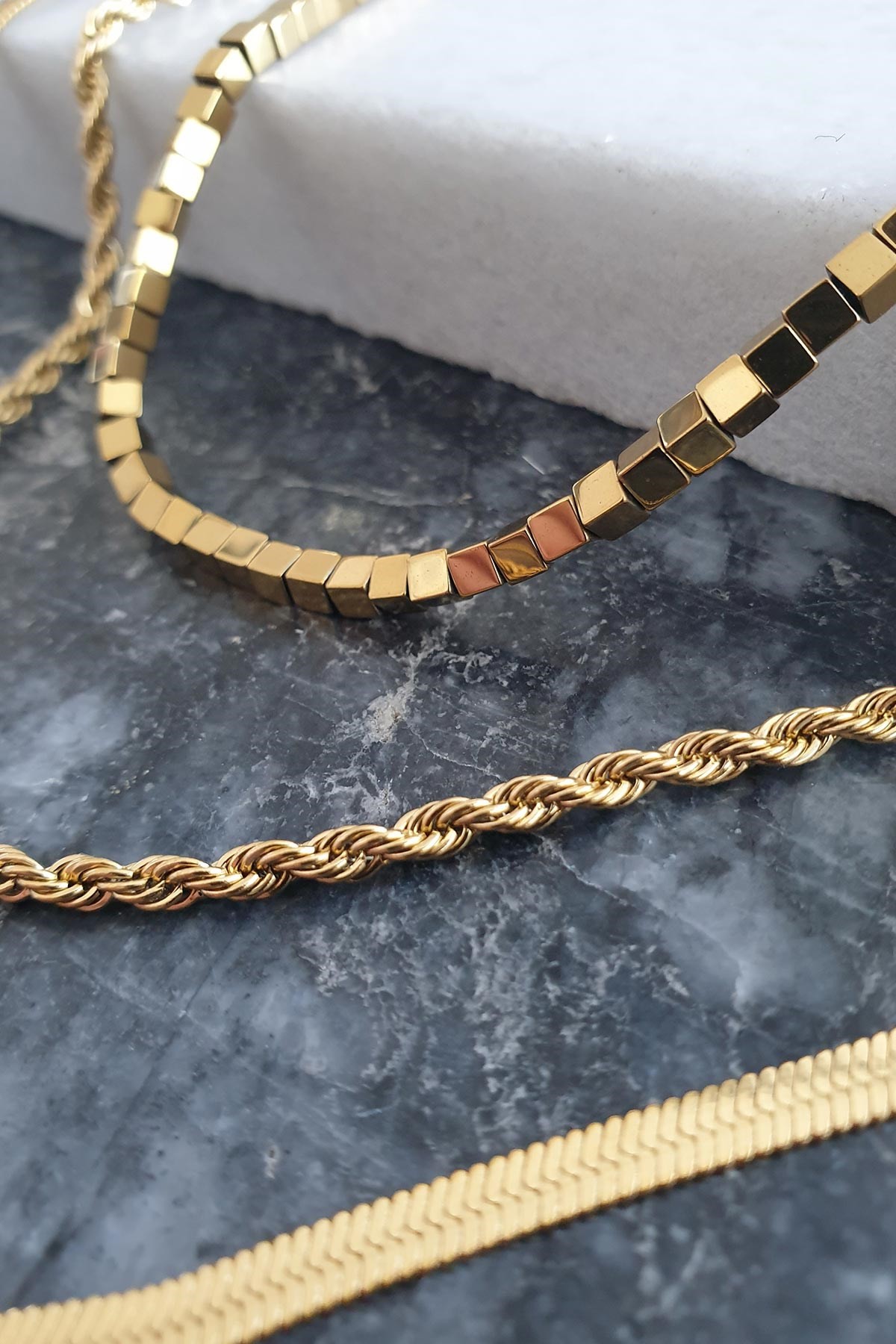 Gold Küpçük Üçlü Zincir Çelik Kolye 50 Cm AKL1508